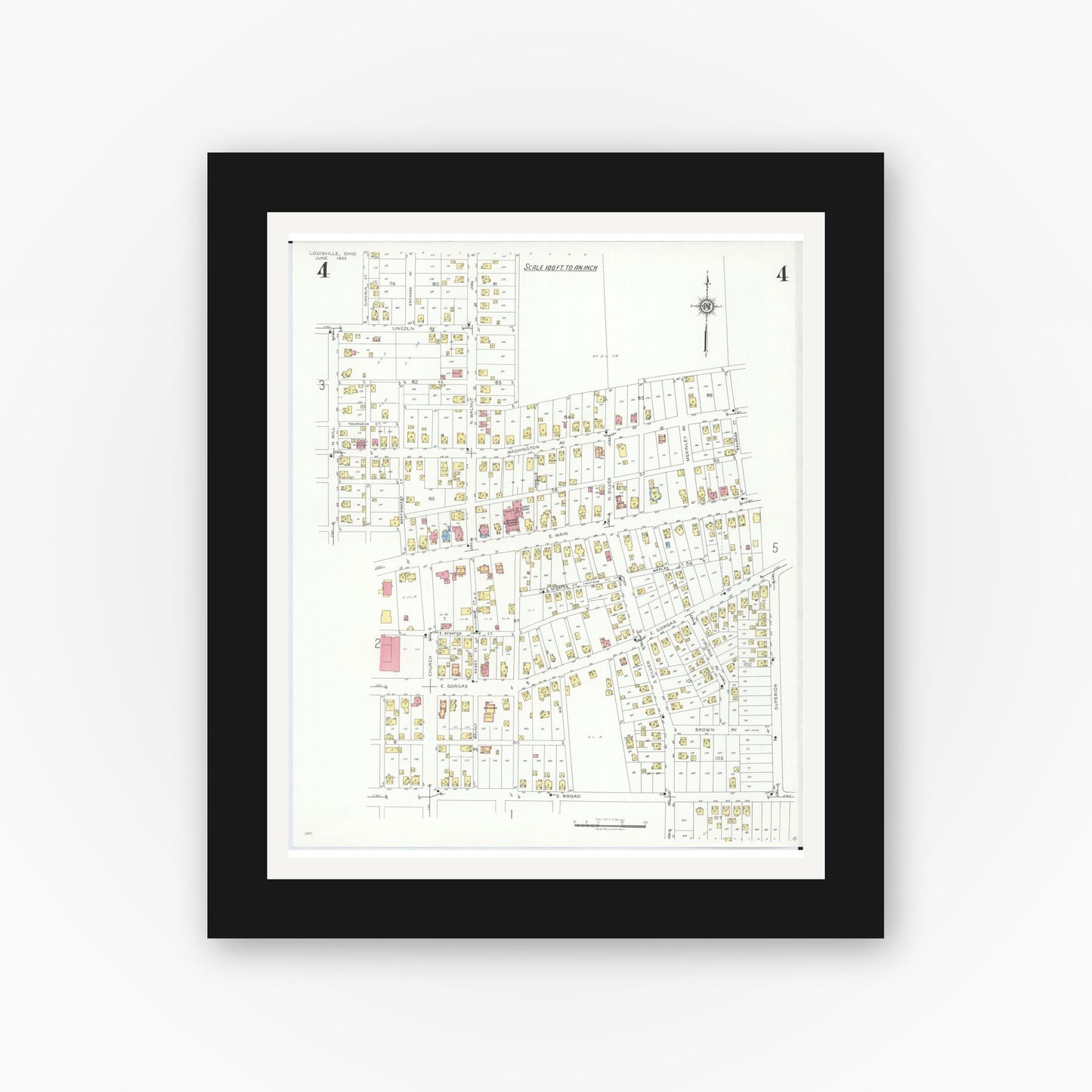 Old map wall art mockup — black gallery frame with white mat — Sanborn Fire Insurance Map from Louisville, Stark County, Ohio (1933), Sheet #0004