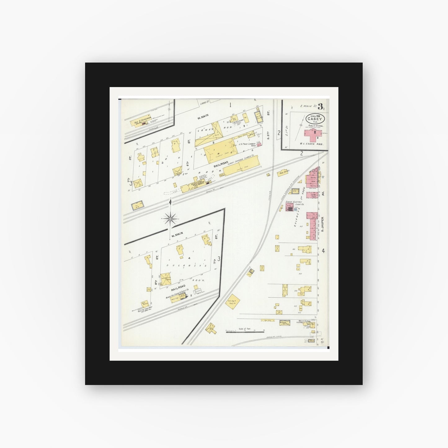 Old map wall art mockup — black gallery frame with white mat — Sanborn Fire Insurance Map from Casey, Clark County, Illinois (1906), Sheet #0003