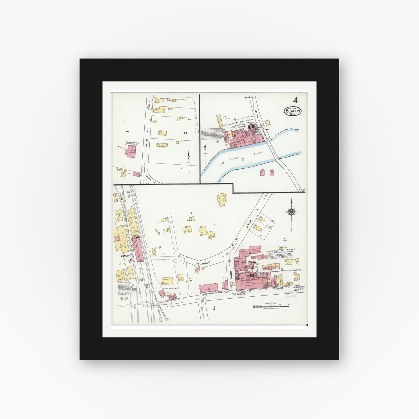 Old map wall art mockup — black gallery frame with white mat — Sanborn Fire Insurance Map from Beacon, Dutchess County, New York (1919), Sheet #0004