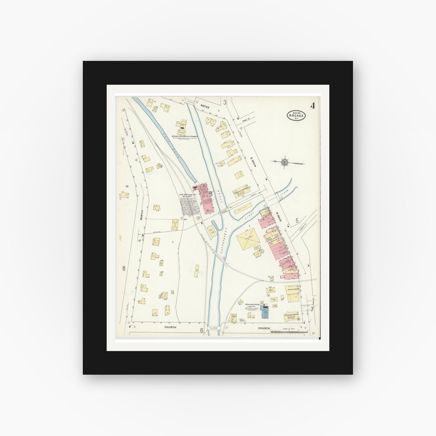 Old map wall art mockup — black gallery frame with white mat — Sanborn Fire Insurance Map from Arcade, Wyoming County, New York (1912), Sheet #0004
