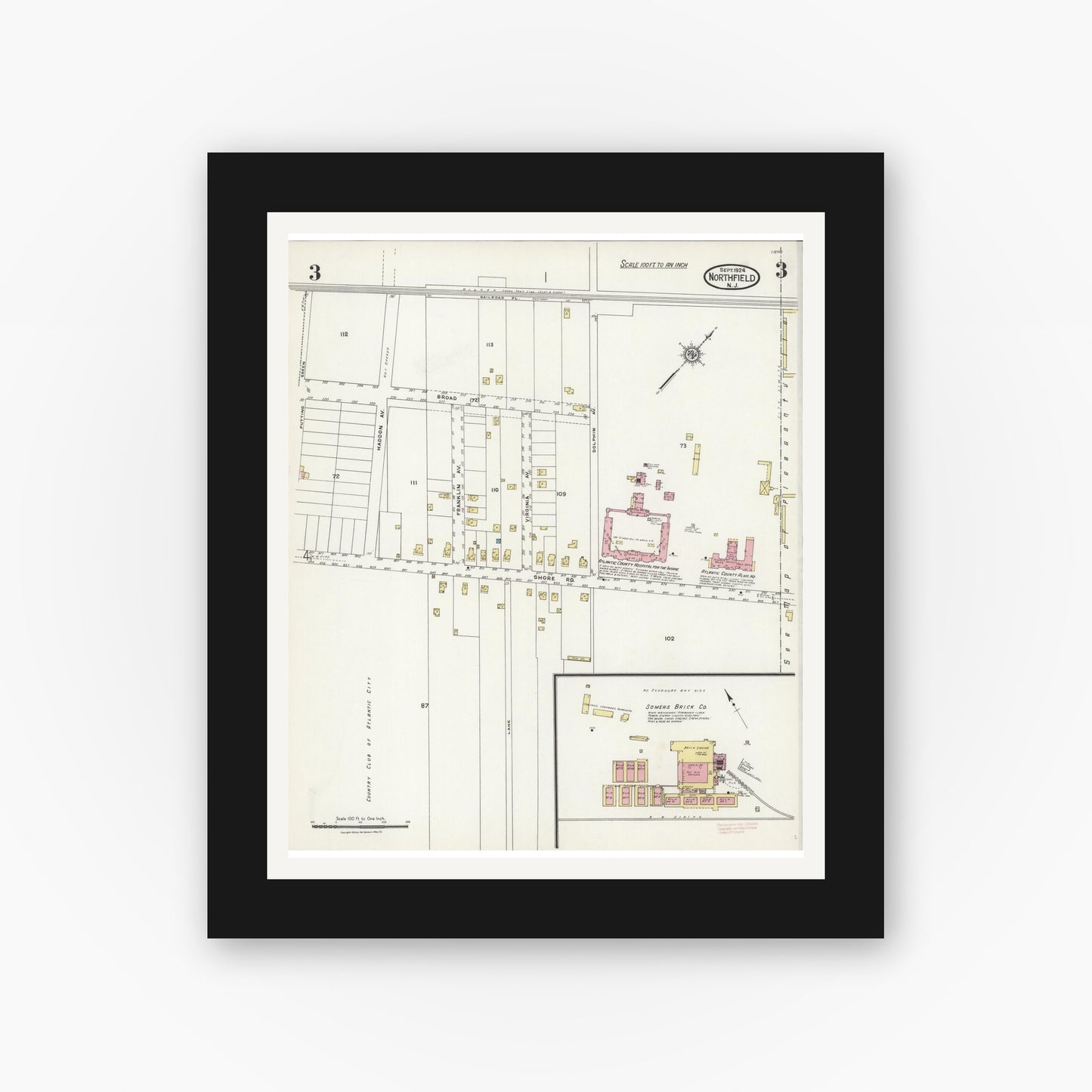 Old map wall art mockup — black gallery frame with white mat — Sanborn Fire Insurance Map from Northfield, Atlantic County, New Jersey (1924), Sheet #0003