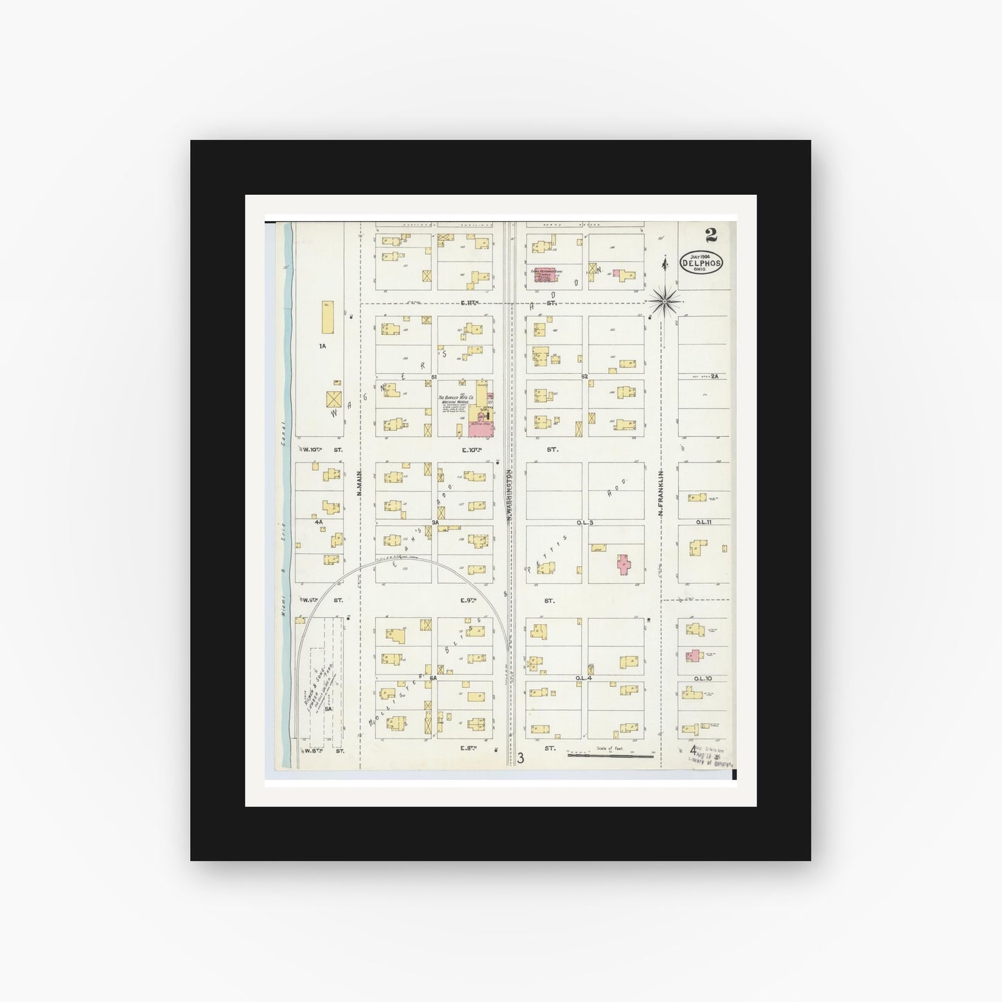 Old map wall art mockup — black gallery frame with white mat — Sanborn Fire Insurance Map from Delphos, Van Wert And Allen Counties, Ohio (1904), Sheet #0002