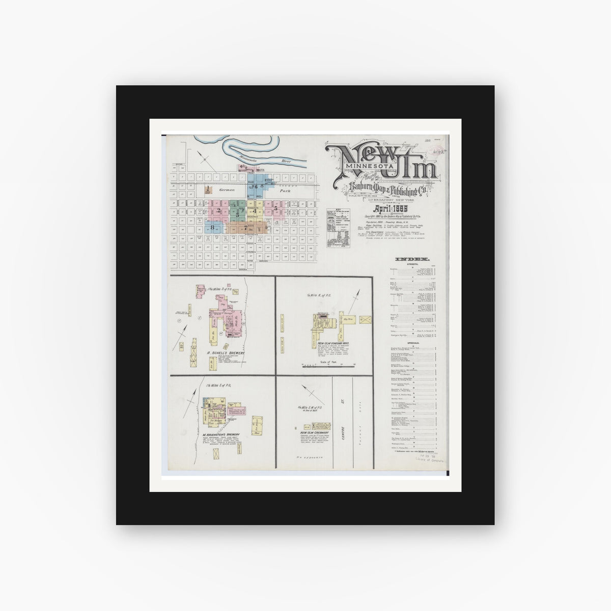 Old map wall art mockup — black gallery frame with white mat — Sanborn Fire Insurance Map from New Ulm, Brown County, Minnesota (1889), Sheet #0001