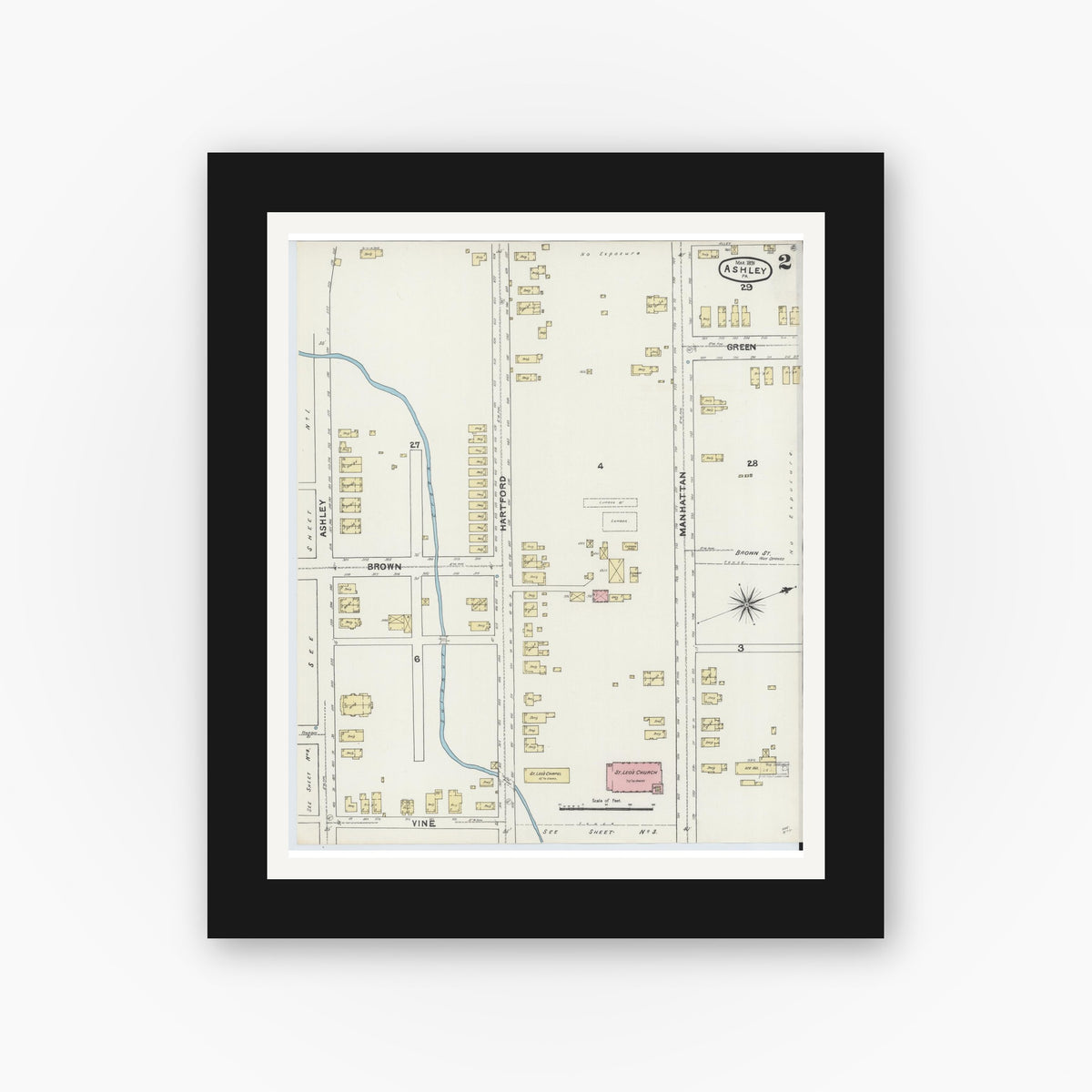 Old map wall art mockup — black gallery frame with white mat — Sanborn Fire Insurance Map from Ashley, Luzerne County, Pennsylvania (1891), Sheet #0002