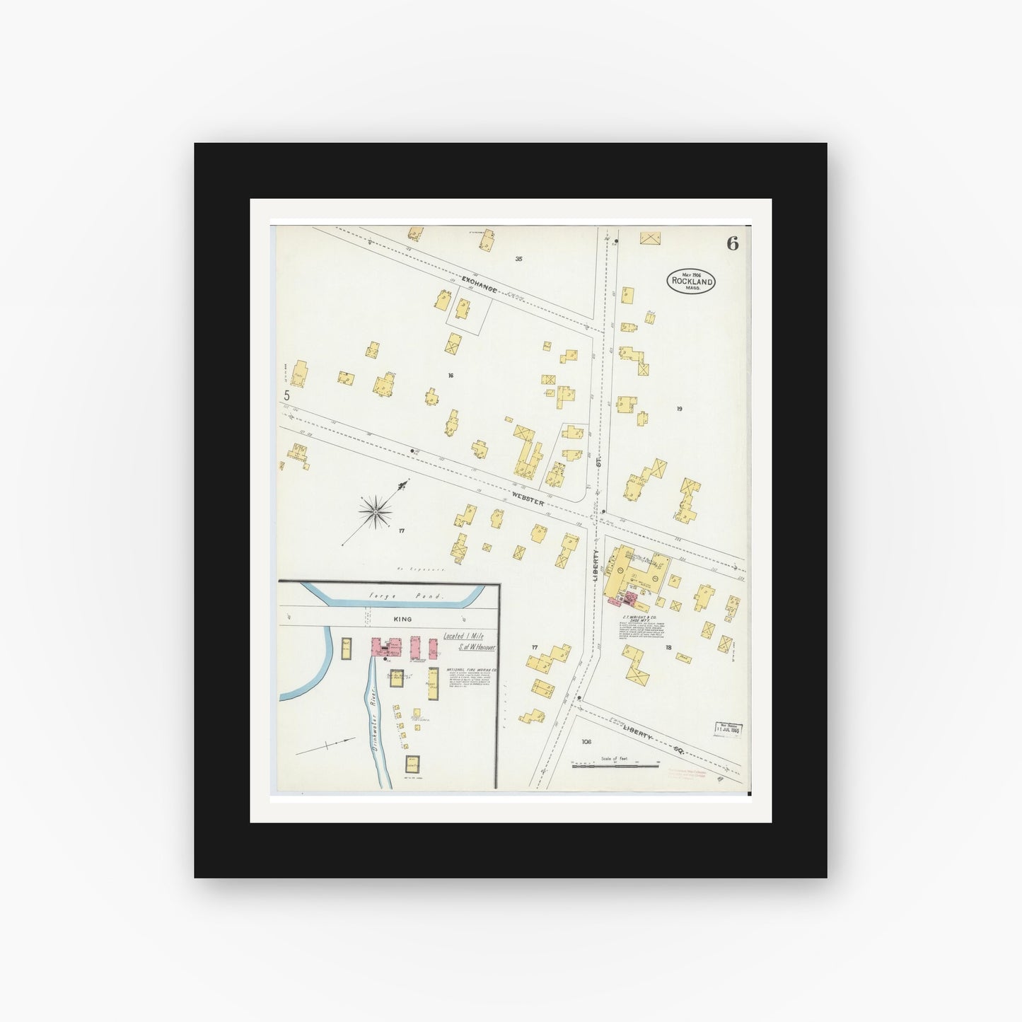 Old map wall art mockup — black gallery frame with white mat — Sanborn Fire Insurance Map from Rockland, Plymouth County, Massachusetts (1906), Sheet #0006