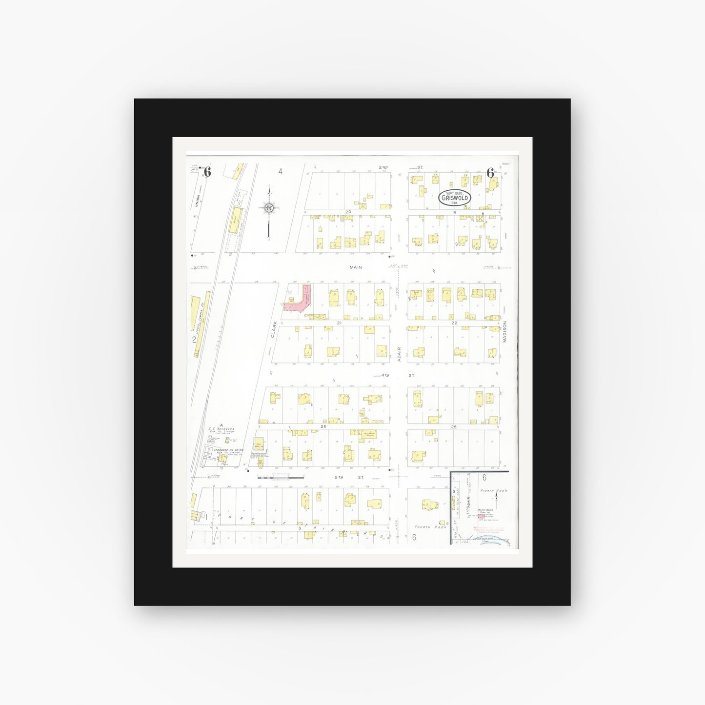 Old map wall art mockup — black gallery frame with white mat — Sanborn Fire Insurance Map from Griswold, Cass County, Iowa (1930), Sheet #0006