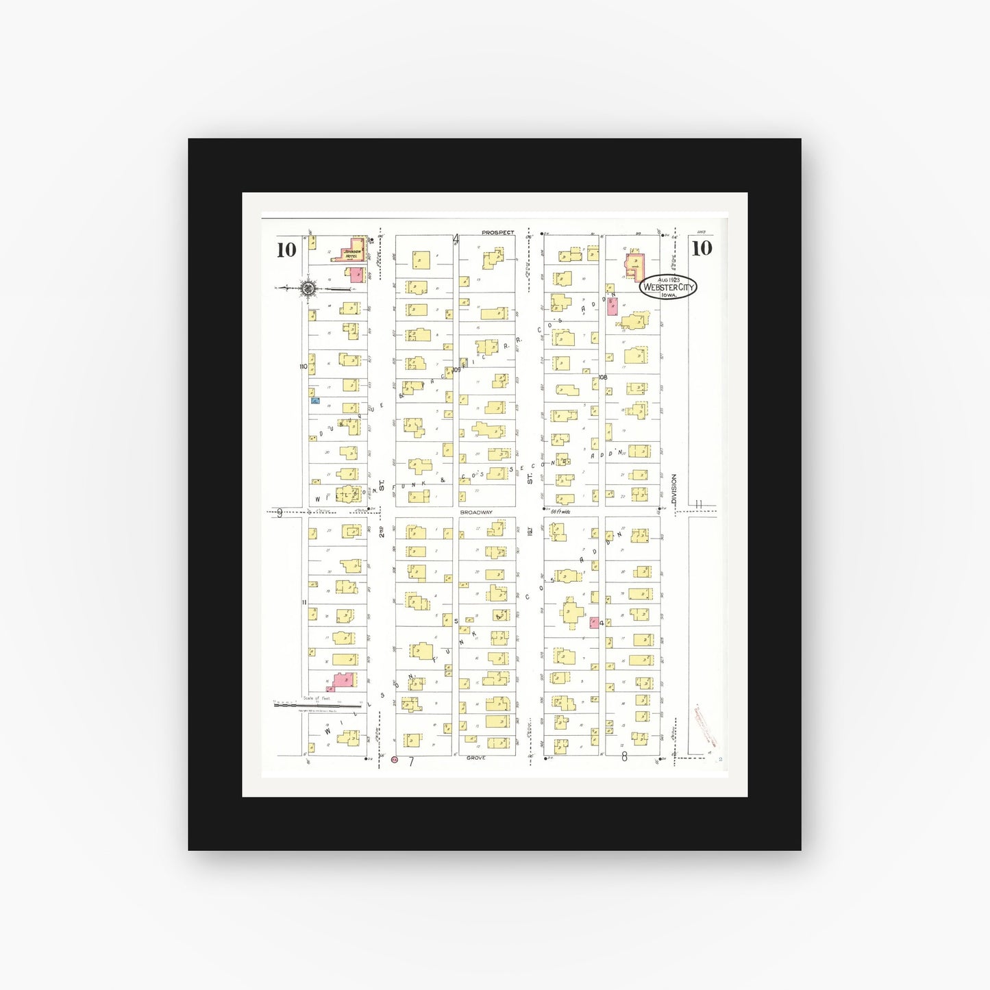 Old map wall art mockup — black gallery frame with white mat — Sanborn Fire Insurance Map from Webster City, Hamilton County, Iowa (1923), Sheet #0010