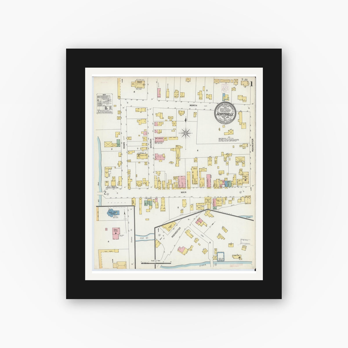 Old map wall art mockup β black gallery frame with white mat β Sanborn Fire Insurance Map from Scottsville, Monroe County, New York (1903), Sheet #0001