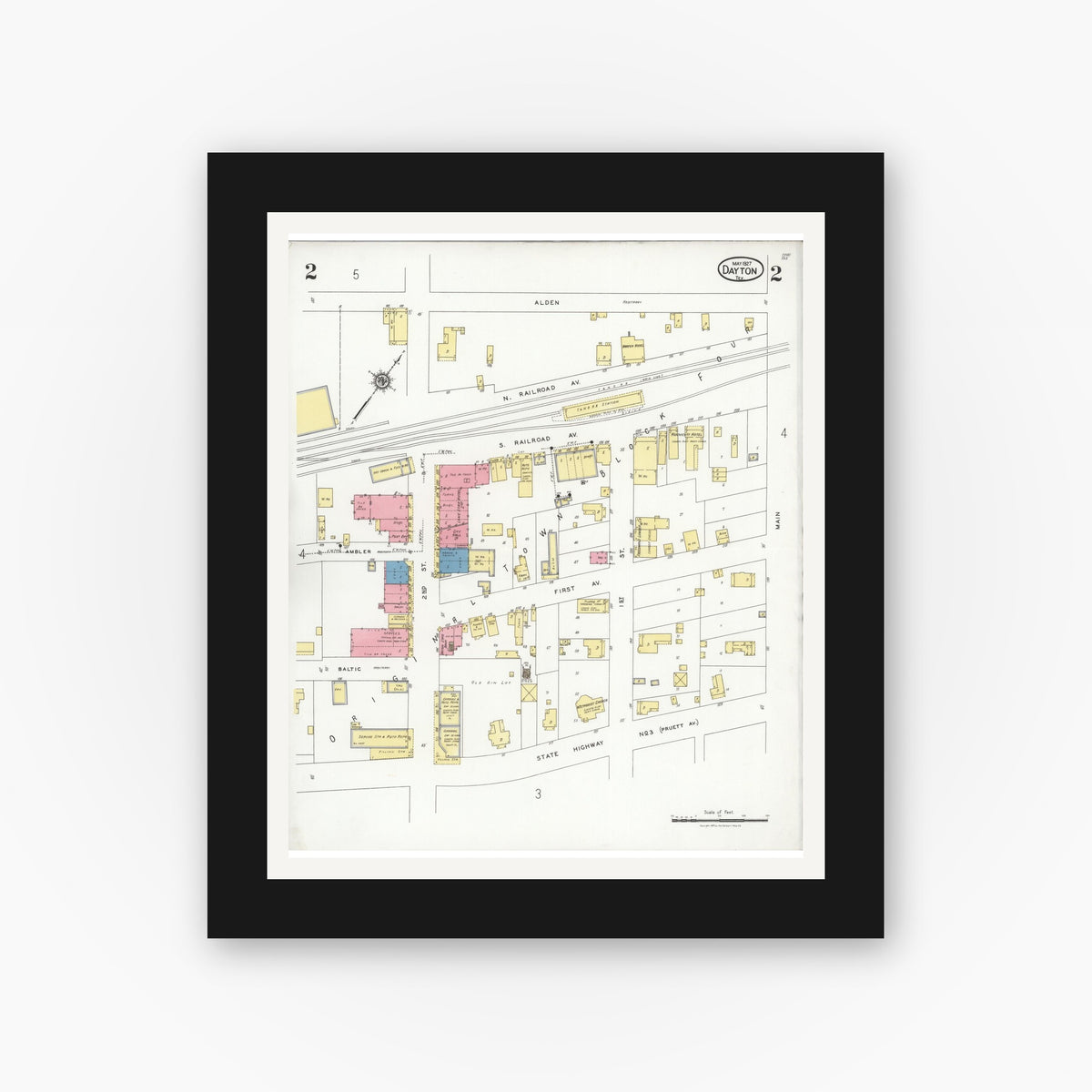 Old map wall art mockup — black gallery frame with white mat — Sanborn Fire Insurance Map from Dayton, Liberty County, Texas (1927), Sheet #0002