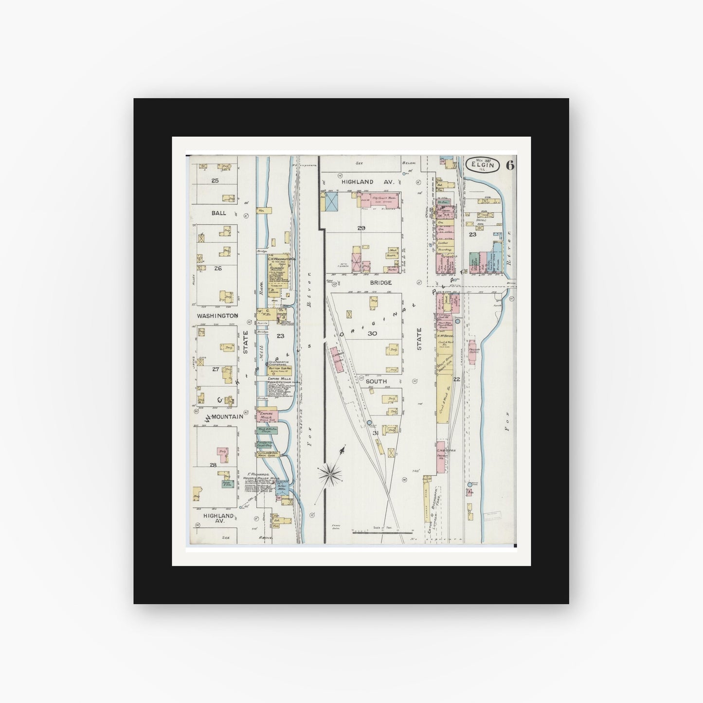 Old map wall art mockup — black gallery frame with white mat — Sanborn Fire Insurance Map from Elgin, Kane County, Illinois (1887), Sheet #0006