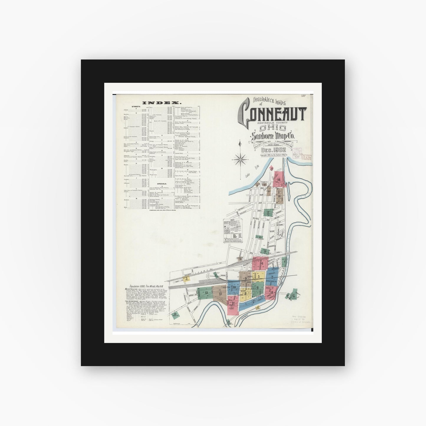 Old map wall art mockup — black gallery frame with white mat — Sanborn Fire Insurance Map from Conneaut, Ashtabula County, Ohio (1902) - Complete Map Set