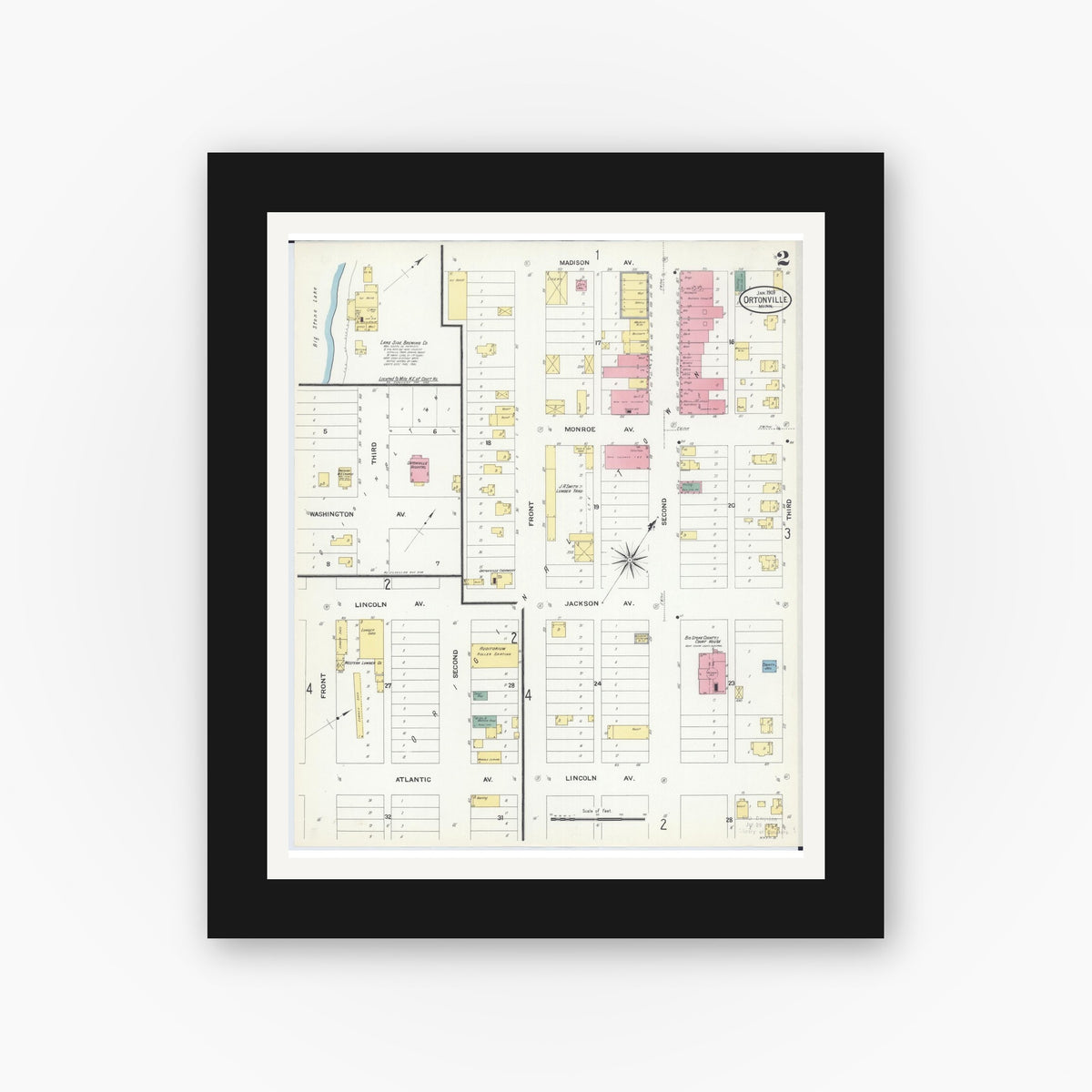 Old map wall art mockup — black gallery frame with white mat — Sanborn Fire Insurance Map from Ortonville, Big Stone County, Minnesota (1909), Sheet #0002