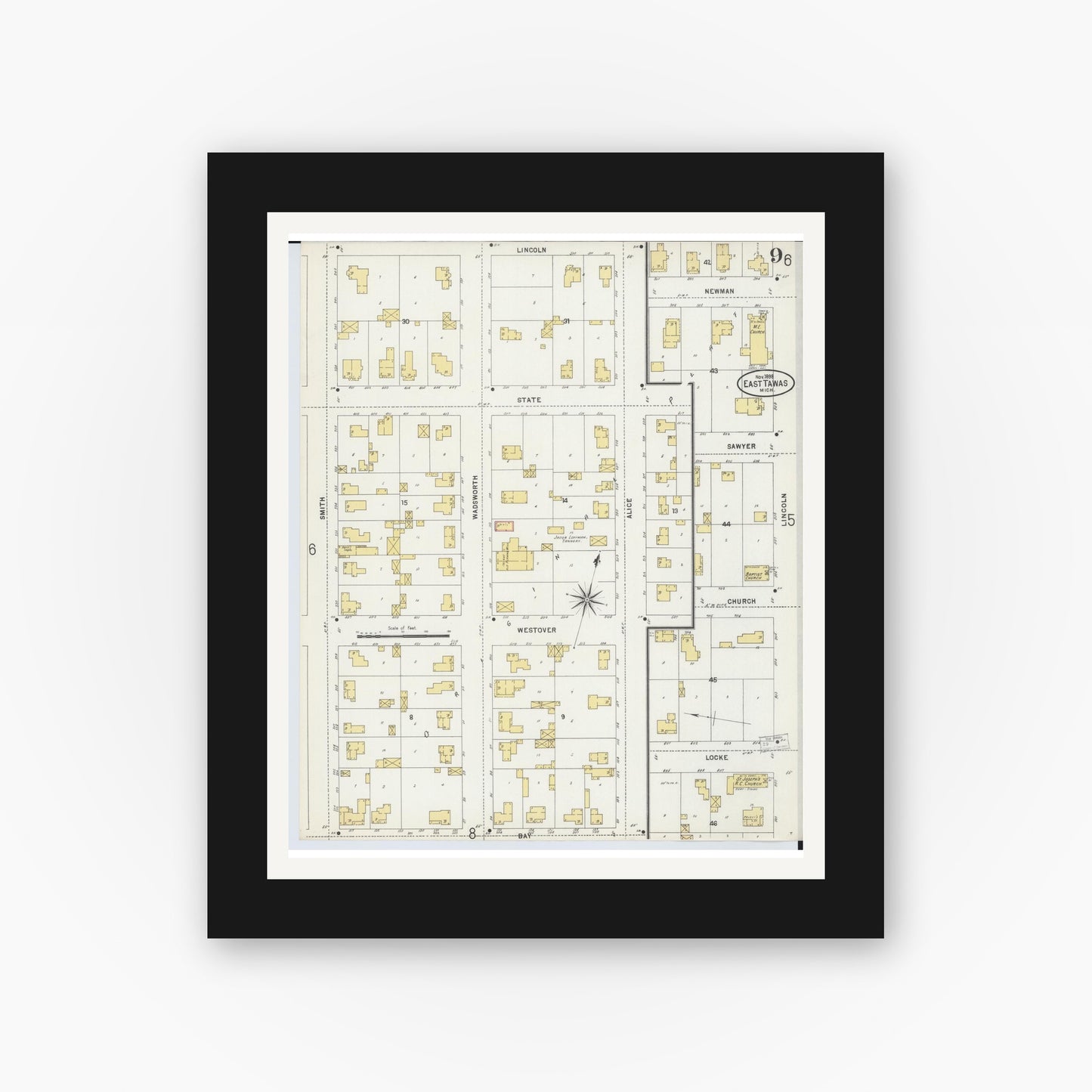 Old map wall art mockup — black gallery frame with white mat — Sanborn Fire Insurance Map from Tawas City, Iosco County, Michigan (1898), Sheet #0009