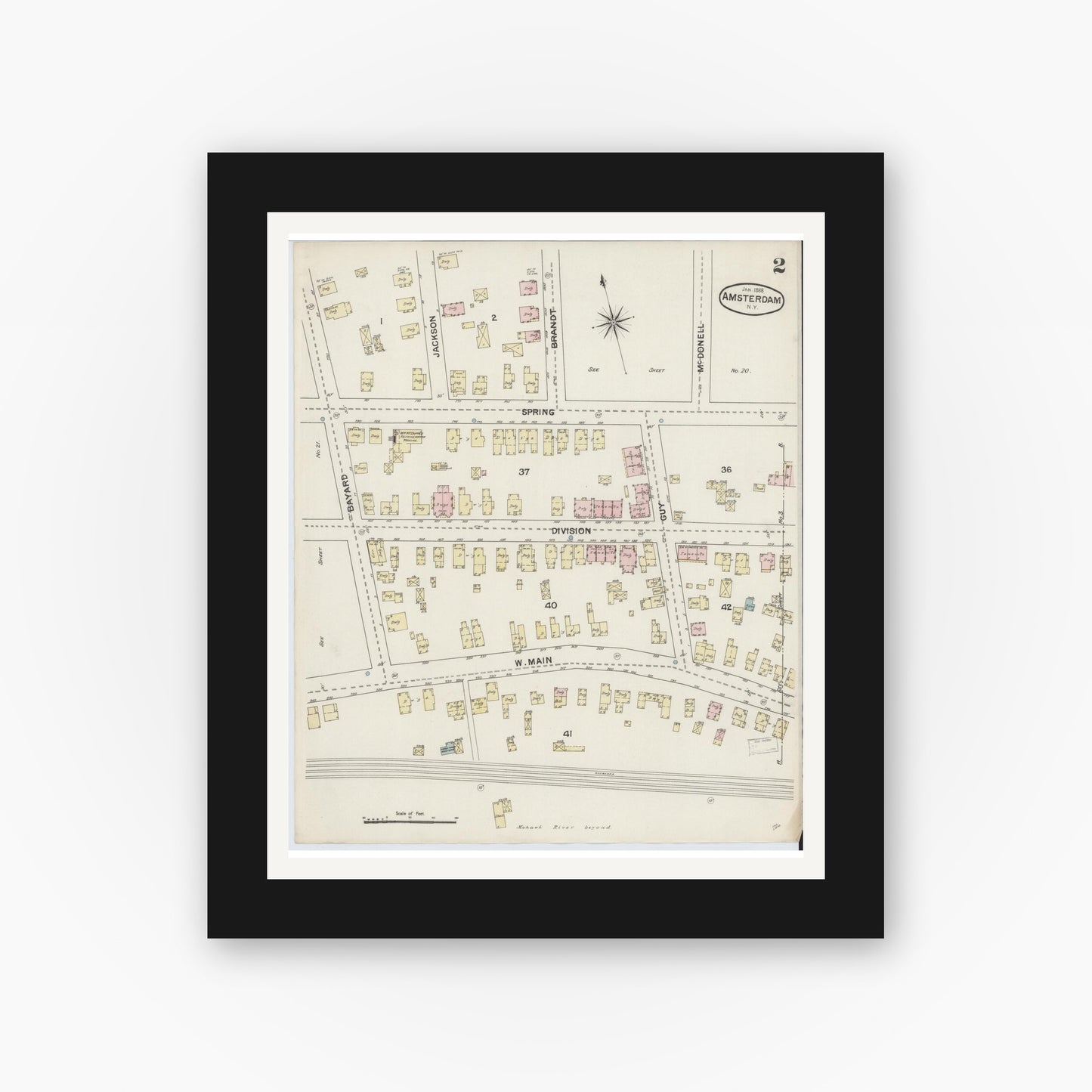 Old map wall art mockup — black gallery frame with white mat — Sanborn Fire Insurance Map from Amsterdam, Montgomery County, New York (1888) - Complete Map Set
