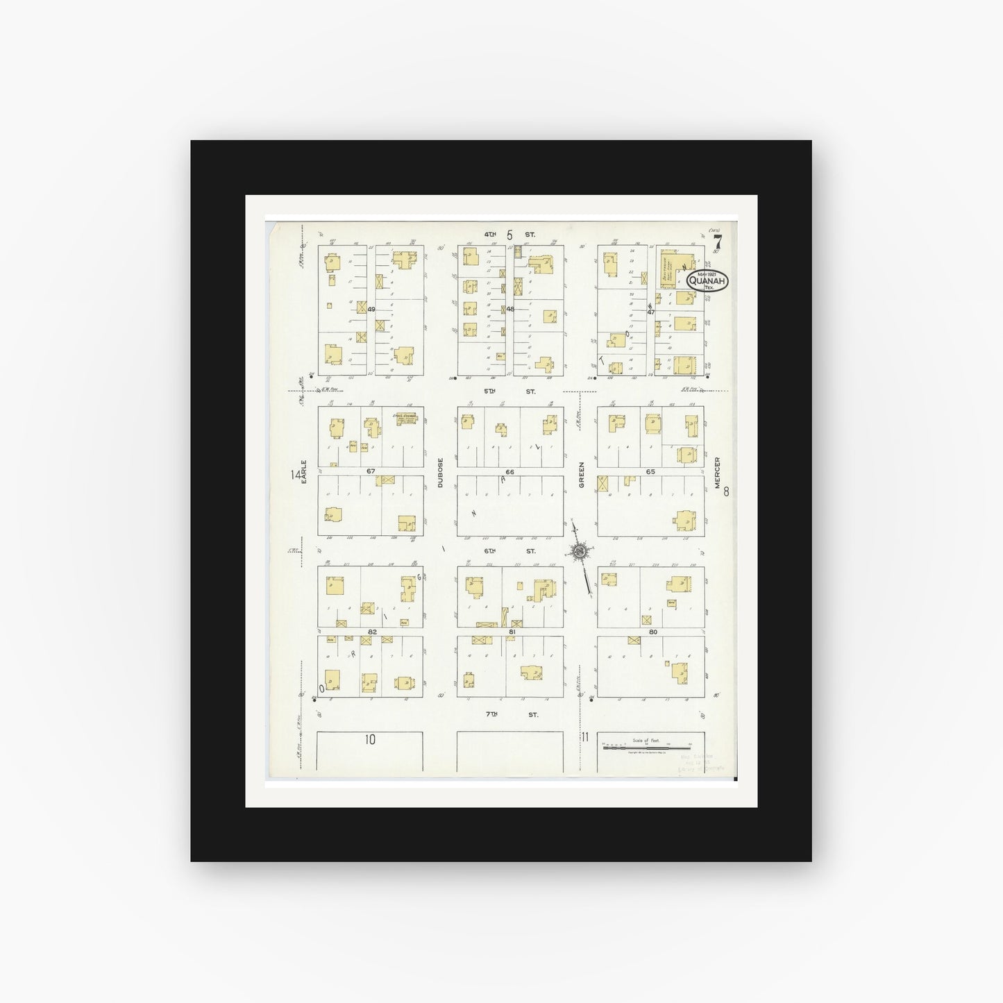 Old map wall art mockup — black gallery frame with white mat — Sanborn Fire Insurance Map from Quanah, Hardeman County, Texas (1921), Sheet #0007