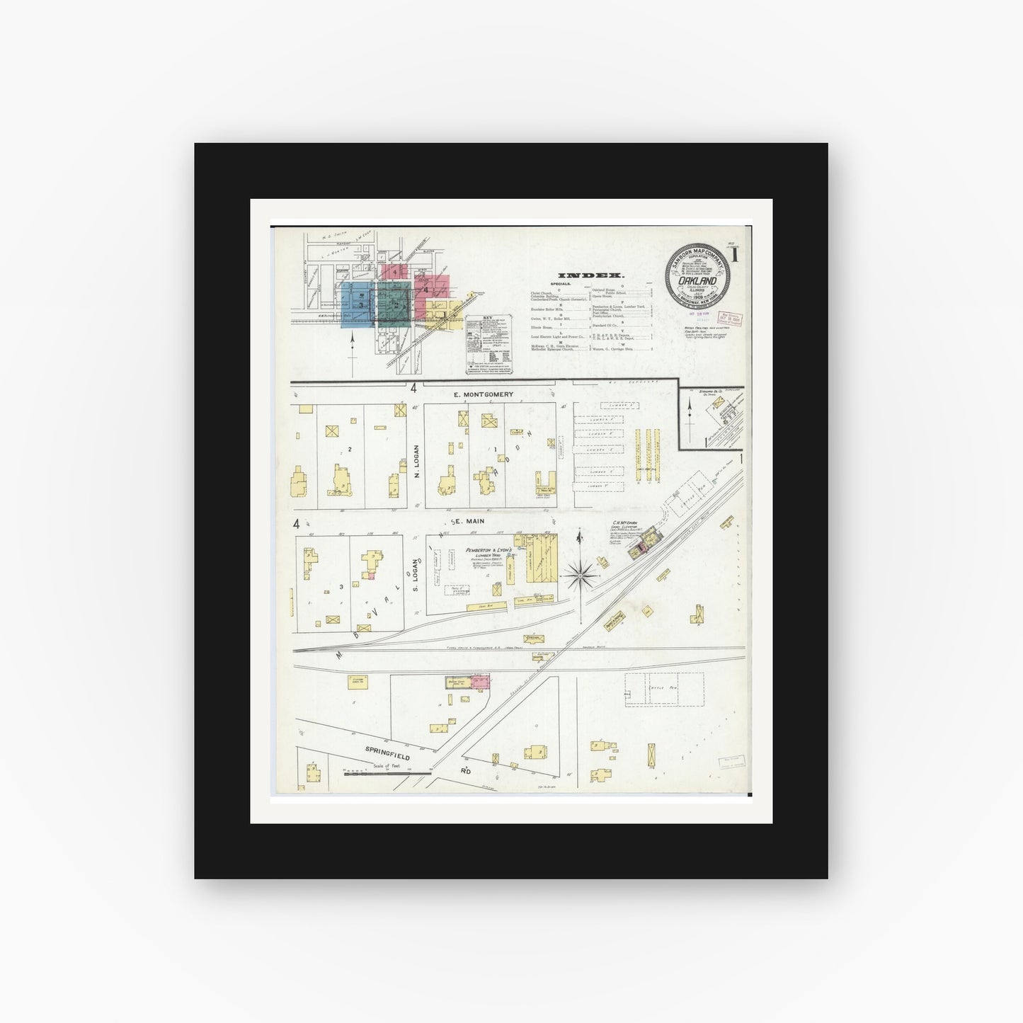 Old map wall art mockup — black gallery frame with white mat — Sanborn Fire Insurance Map from Oakland, Coles County, Illinois (1909), Sheet #0001
