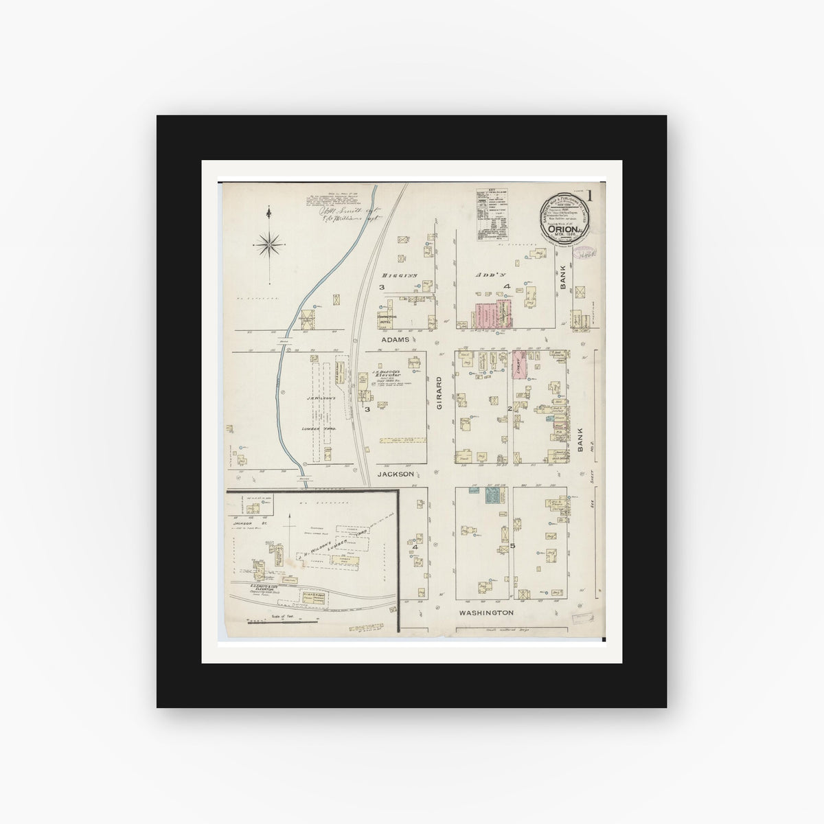 Old map wall art mockup — black gallery frame with white mat — Sanborn Fire Insurance Map from Orion, Henry County, Illinois (1886) - Complete Map Set