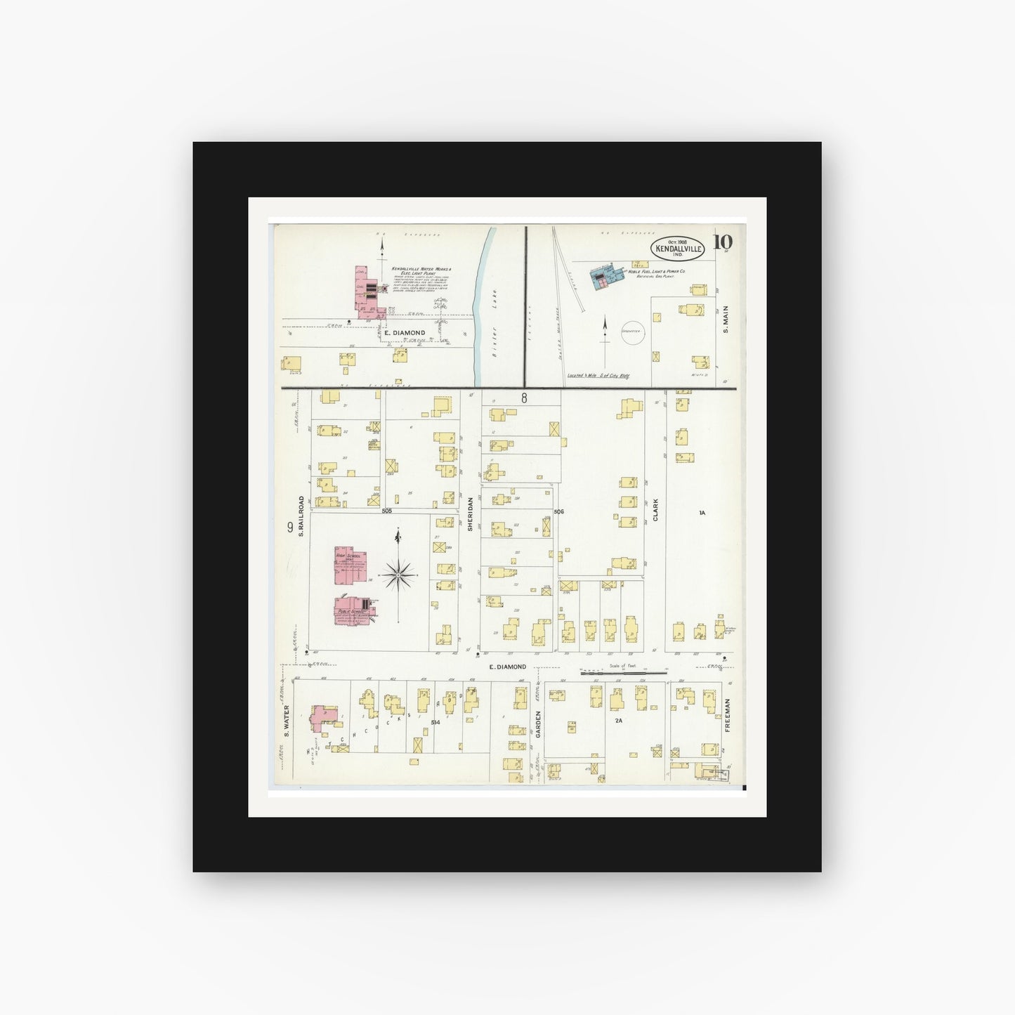 Old map wall art mockup — black gallery frame with white mat — Sanborn Fire Insurance Map from Kendallville, Noble County, Indiana (1908), Sheet #0010