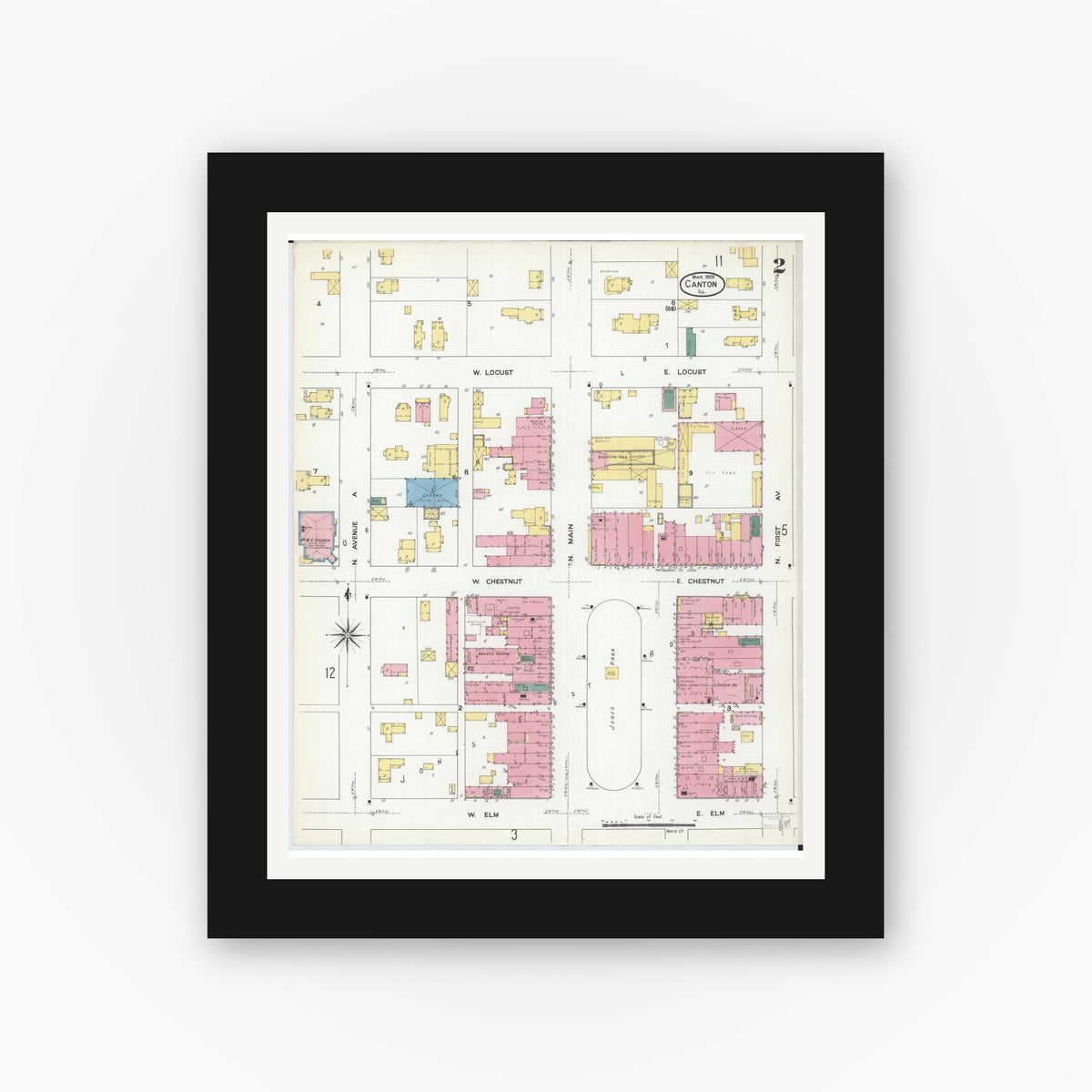 Old map wall art mockup — black gallery frame with white mat — Sanborn Fire Insurance Map from Canton, Fulton County, Illinois (1909), Sheet #0002
