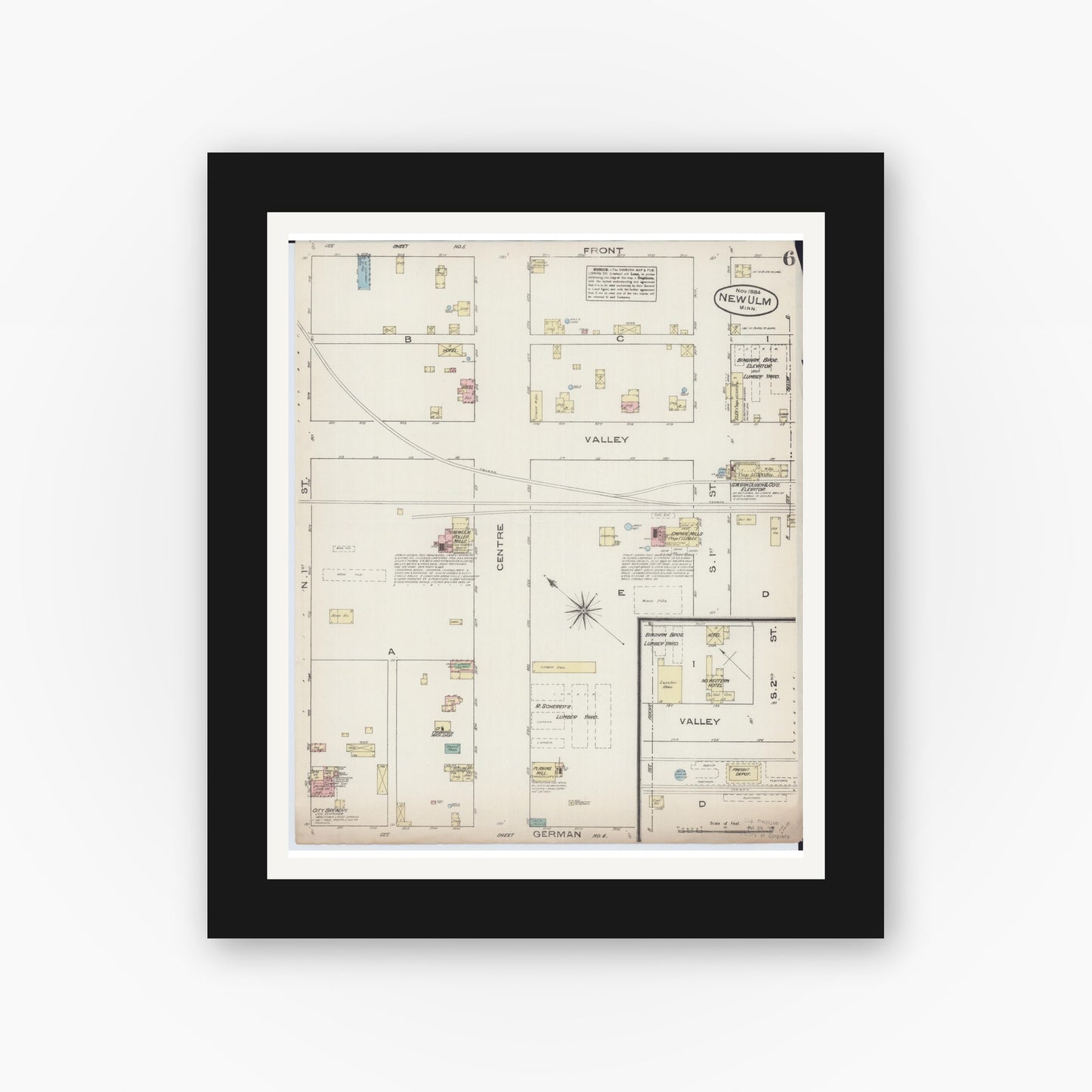 Old map wall art mockup — black gallery frame with white mat — Sanborn Fire Insurance Map from New Ulm, Brown County, Minnesota (1884), Sheet #0006