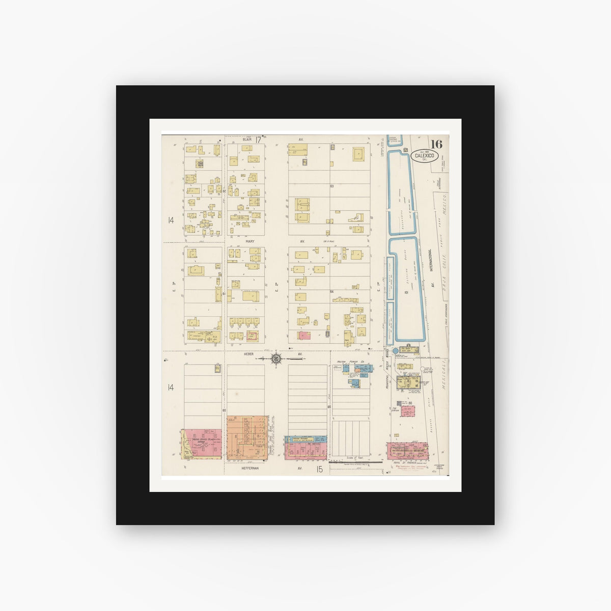 Old map wall art mockup — black gallery frame with white mat — Sanborn Fire Insurance Map from Calexico, Imperial County, California (1920), Sheet #0016
