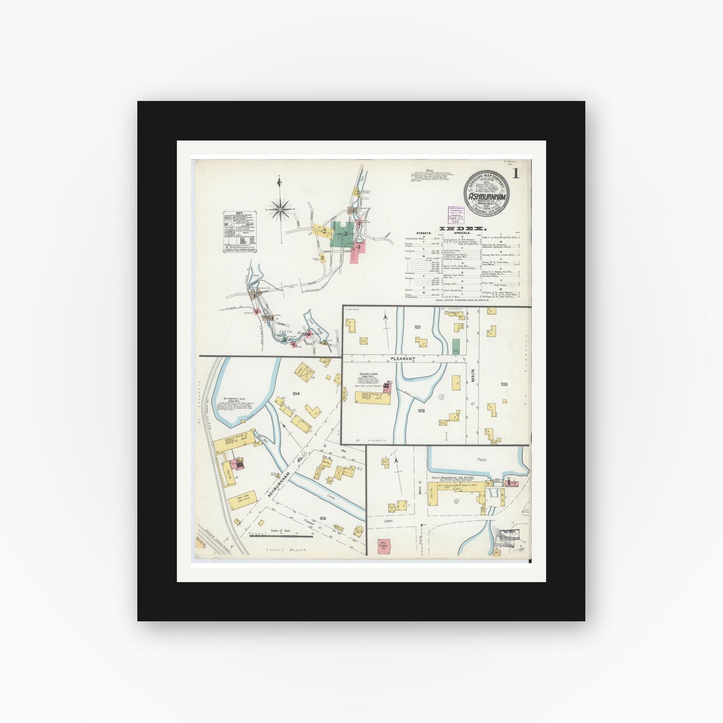 Old map wall art mockup — black gallery frame with white mat — Sanborn Fire Insurance Map from Ashburnham, Worcester County, Massachusetts (1904), Sheet #0001