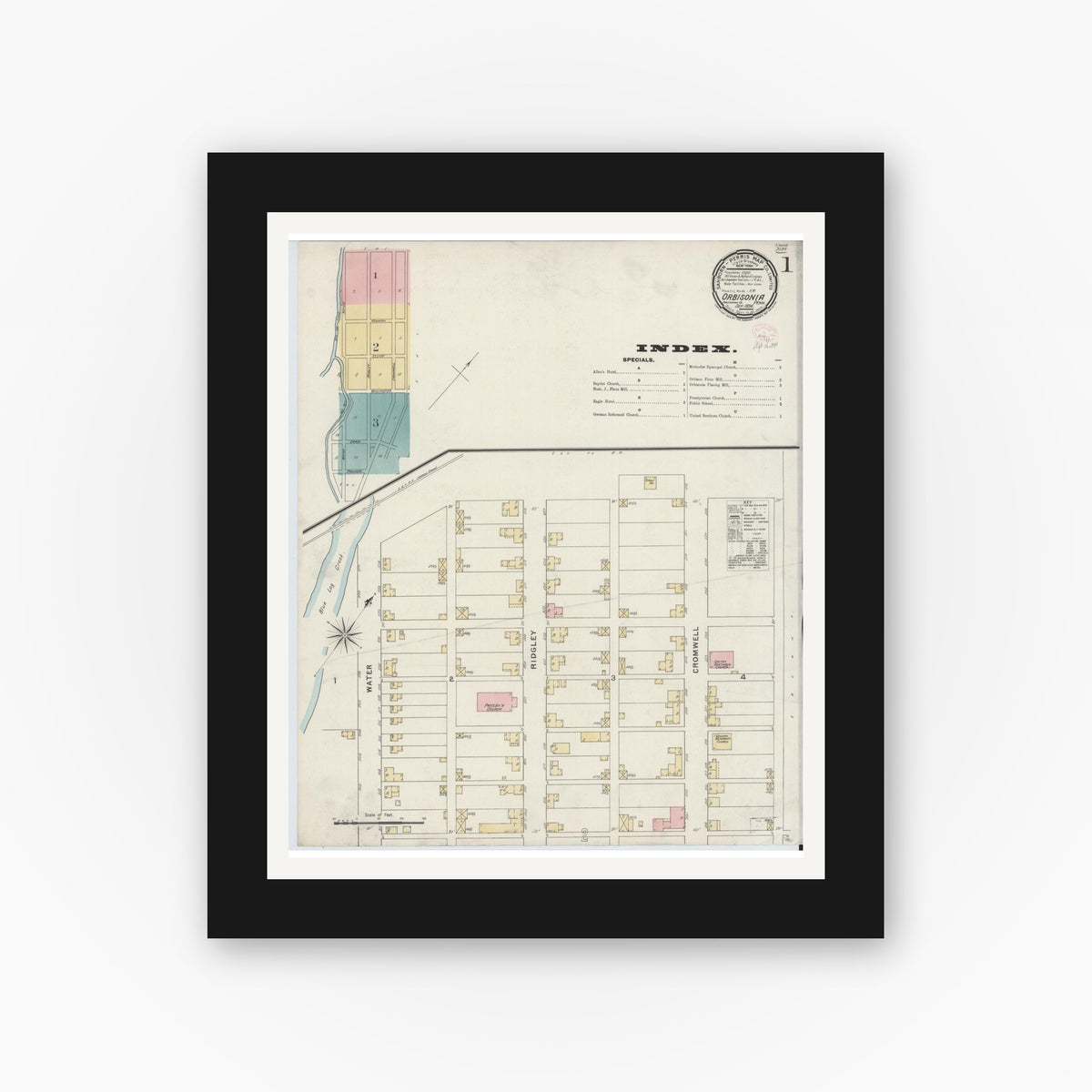 Old map wall art mockup — black gallery frame with white mat — Sanborn Fire Insurance Map from Orbisonia, Huntingdon County, Pennsylvania (1894) - Complete Map Set