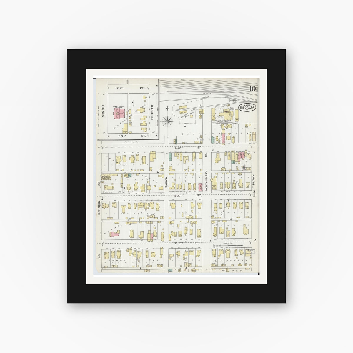 Old map wall art mockup — black gallery frame with white mat — Sanborn Fire Insurance Map from Sedalia, Pettis County, Missouri (1892), Sheet #0010