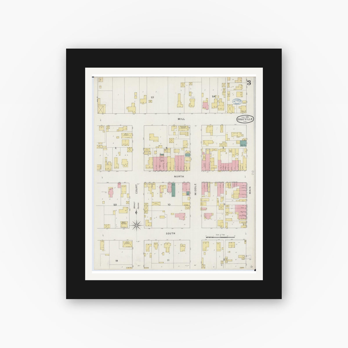 Old map wall art mockup — black gallery frame with white mat — Sanborn Fire Insurance Map from Grayville, White And Edwards Counties, Illinois (1894), Sheet #0003