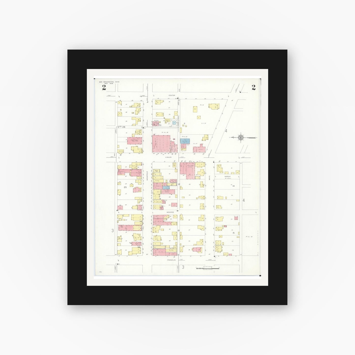 Old map wall art mockup — black gallery frame with white mat — Sanborn Fire Insurance Map from New Washington, Crawford County, Ohio (1938), Sheet #0002