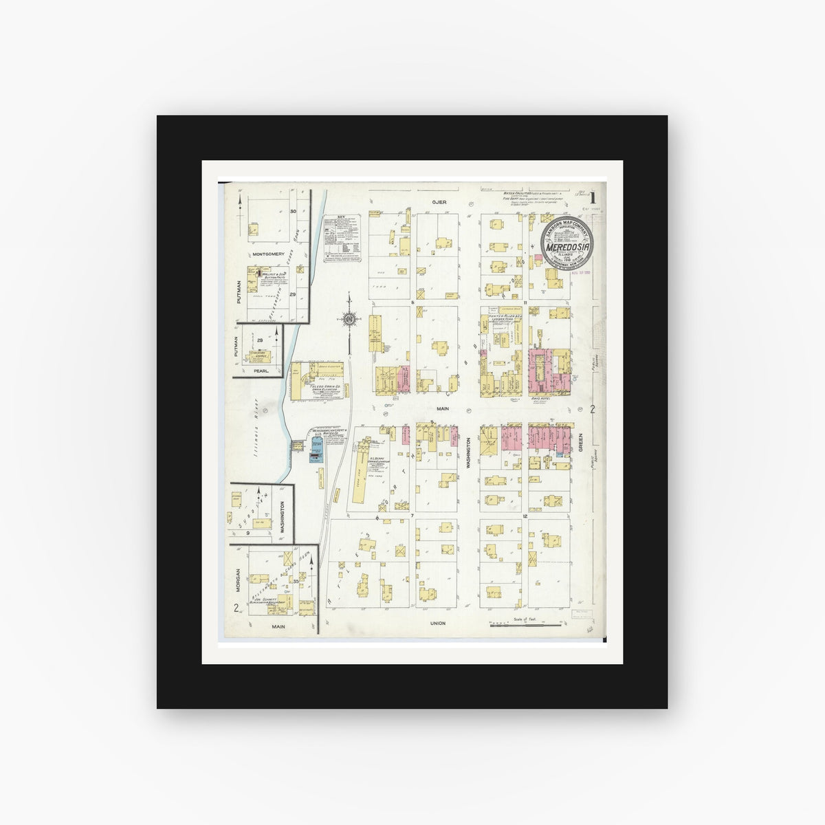 Old map wall art mockup — black gallery frame with white mat — Sanborn Fire Insurance Map from Meredosia, Morgan County, Illinois (1910) - Complete Map Set