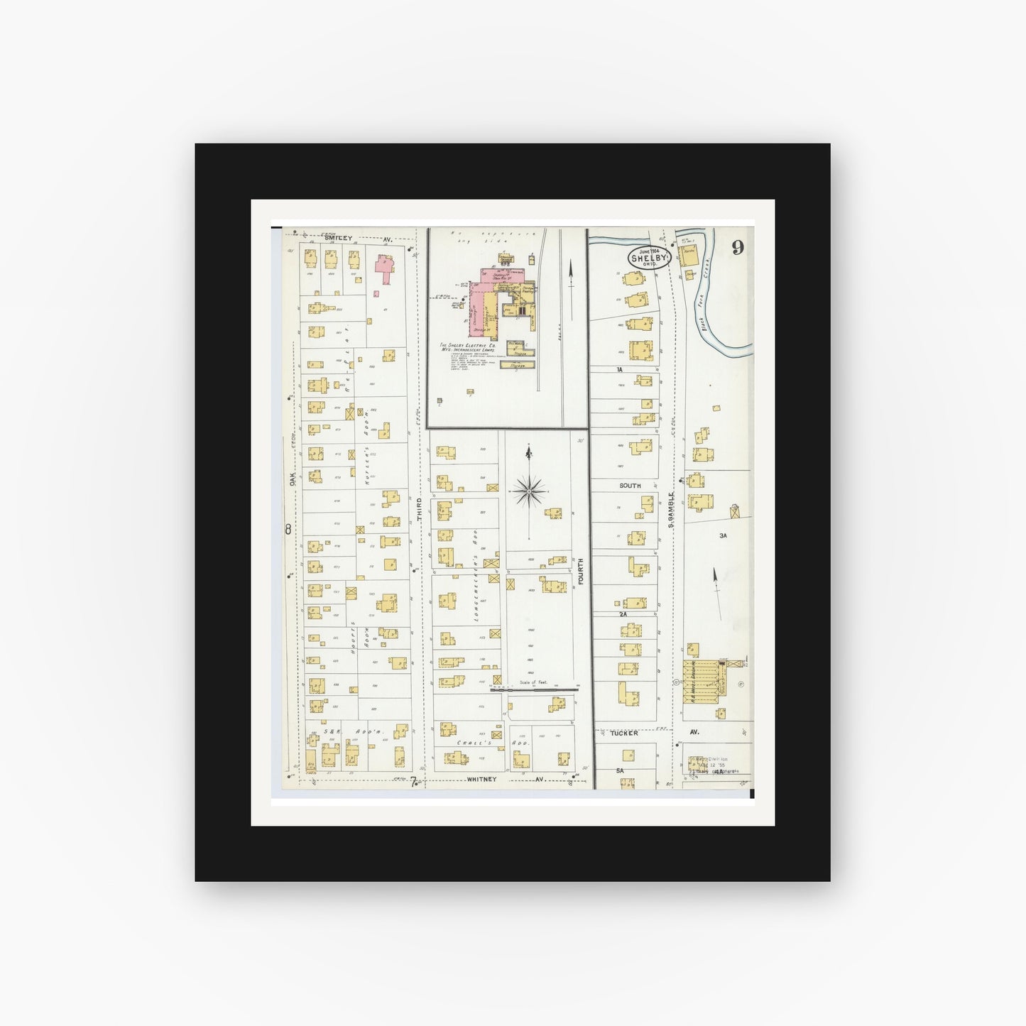 Old map wall art mockup — black gallery frame with white mat — Sanborn Fire Insurance Map from Shelby, Richland County, Ohio (1904), Sheet #0009