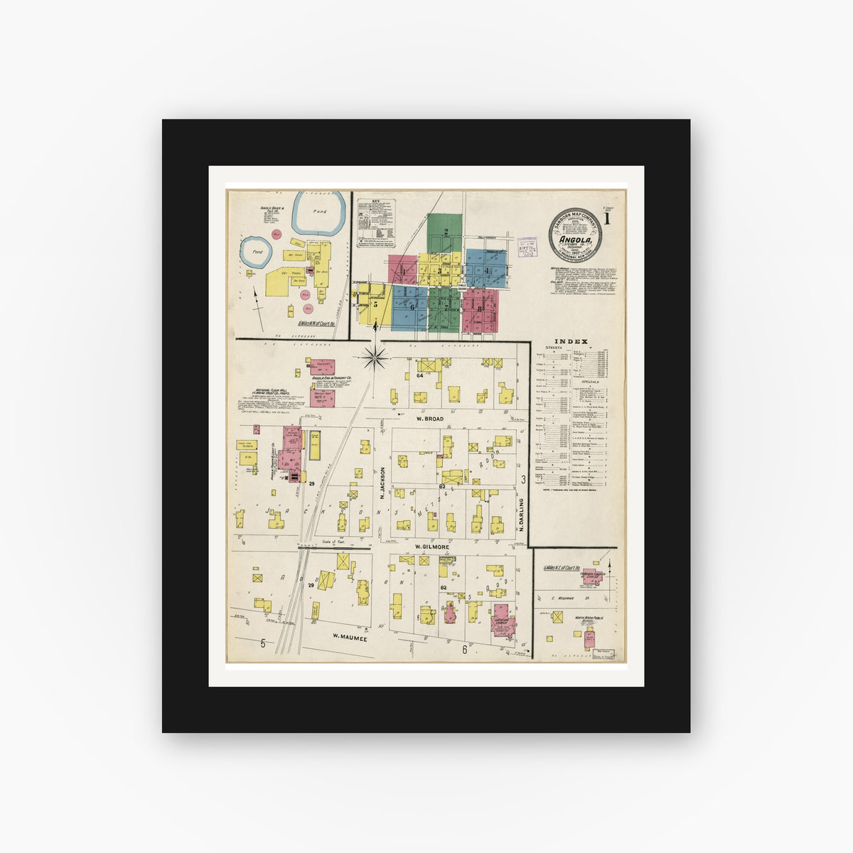Old map wall art mockup — black gallery frame with white mat — Sanborn Fire Insurance Map from Angola, Steuben County, Indiana (1907), Sheet #0001