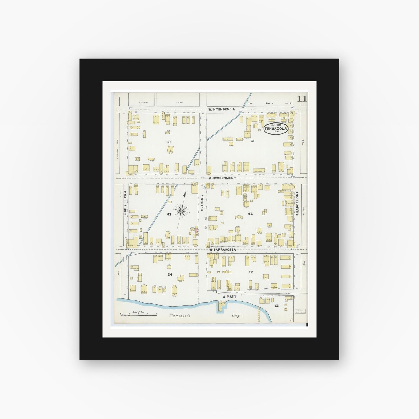 Old map wall art mockup — black gallery frame with white mat — Sanborn Fire Insurance Map from Pensacola, Escambia County, Florida (1892), Sheet #0011