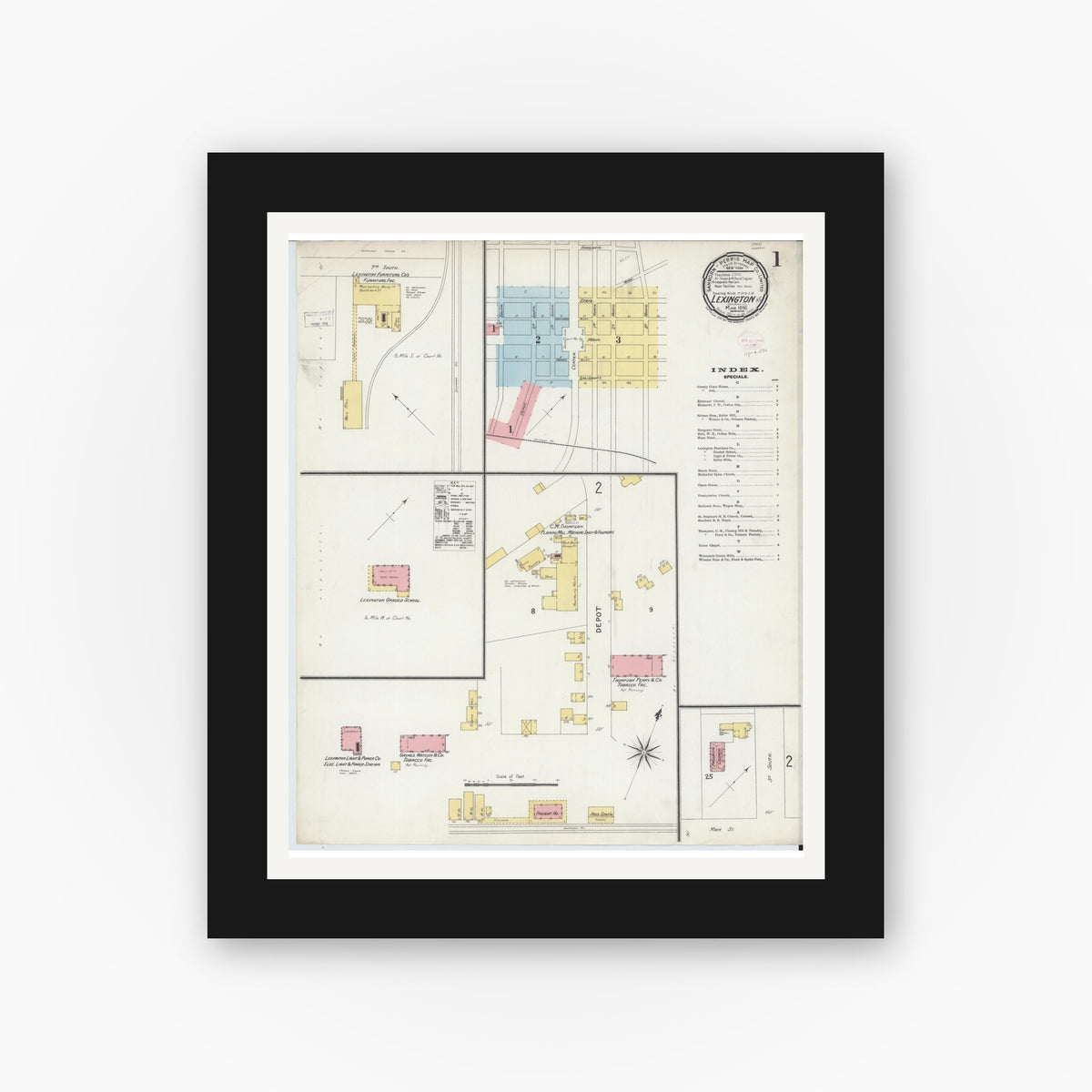 Old map wall art mockup — black gallery frame with white mat — Sanborn Fire Insurance Map from Lexington, Davidson County, North Carolina (1896) - Complete Map Set