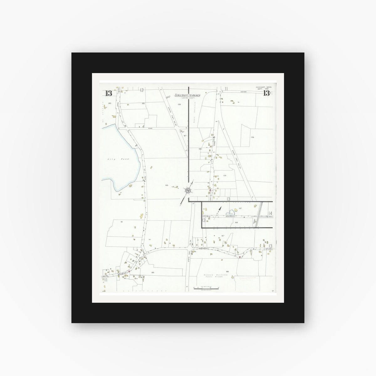 Old map wall art mockup — black gallery frame with white mat — Sanborn Fire Insurance Map from Cohasset, Norfolk County, Massachusetts (1935), Sheet #0013