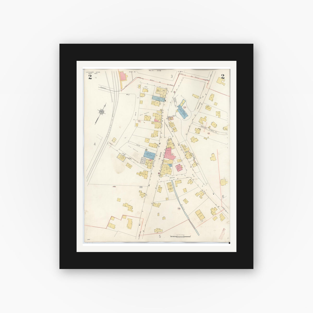 Old map wall art mockup — black gallery frame with white mat — Sanborn Fire Insurance Map from Cohasset, Norfolk County, Massachusetts (1940), Sheet #0002