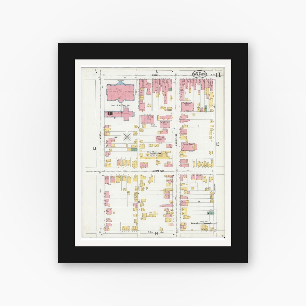 Old map wall art mockup — black gallery frame with white mat — Sanborn Fire Insurance Map from Washington, Washington County, Pennsylvania (1900), Sheet #0011