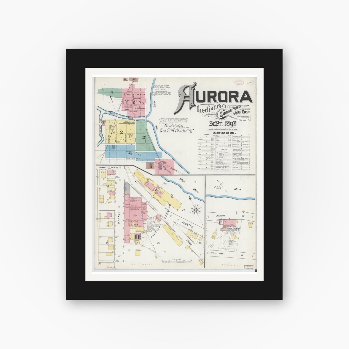 Old map wall art mockup — black gallery frame with white mat — Sanborn Fire Insurance Map from Aurora, Dearborn County, Indiana (1892), Sheet #0001