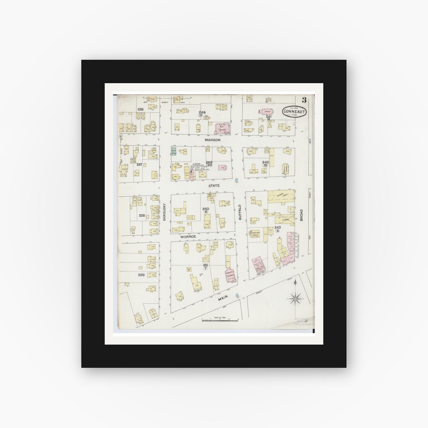 Old map wall art mockup — black gallery frame with white mat — Sanborn Fire Insurance Map from Conneaut, Ashtabula County, Ohio (1889), Sheet #0003