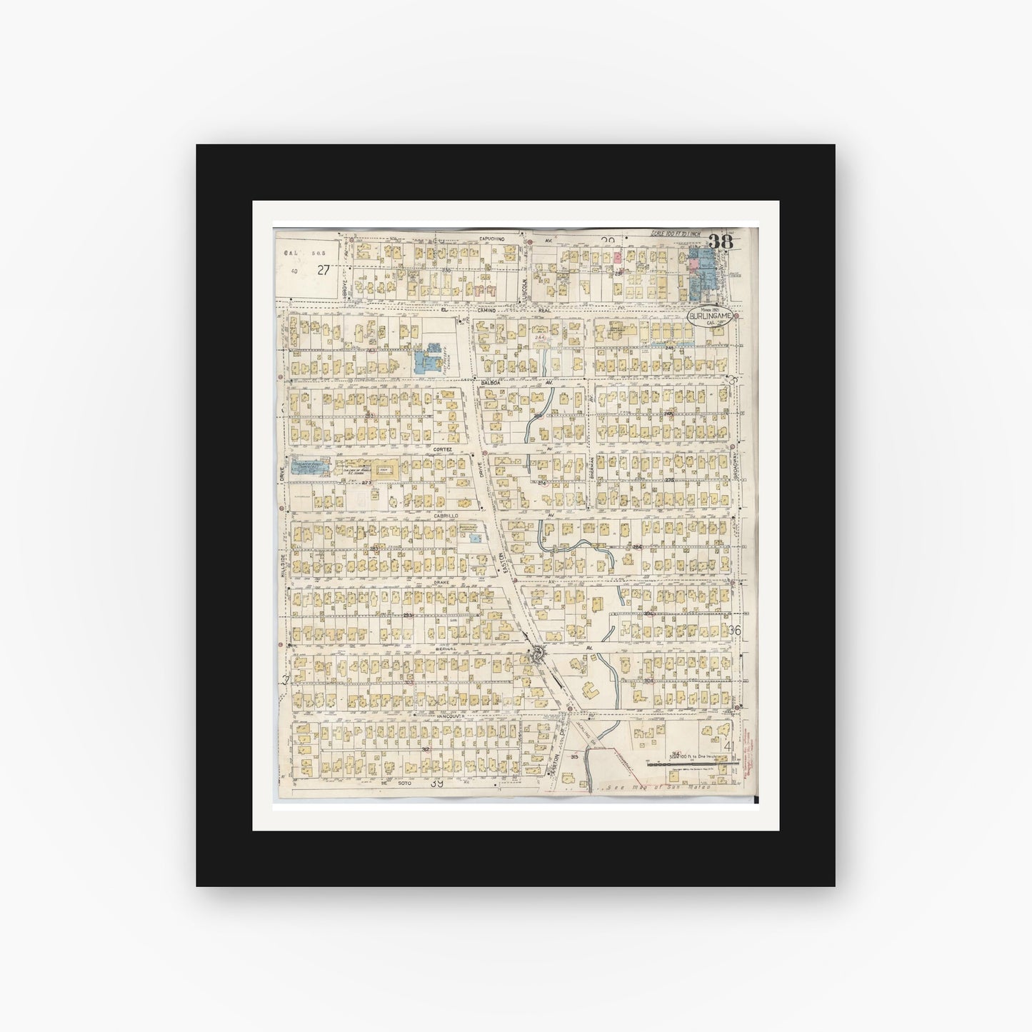 Old map wall art mockup — black gallery frame with white mat — Sanborn Fire Insurance Map from Burlingame, San Mateo County, California (1949), Sheet #0038