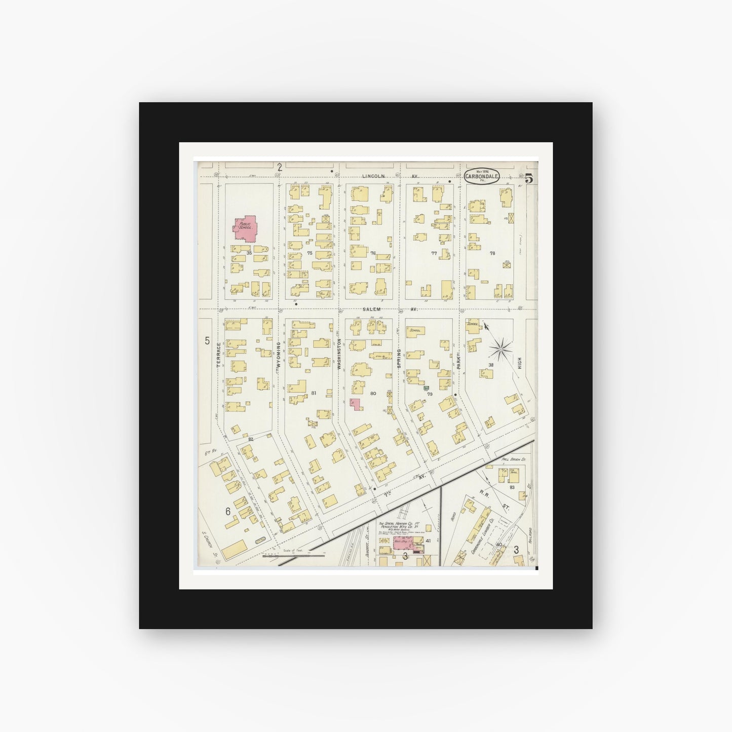 Old map wall art mockup — black gallery frame with white mat — Sanborn Fire Insurance Map from Carbondale, Lackawanna County, Pennsylvania (1896), Sheet #0005