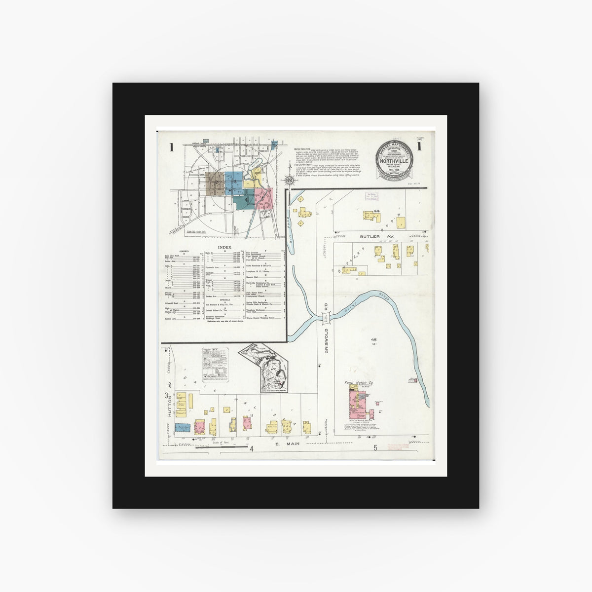 Old map wall art mockup — black gallery frame with white mat — Sanborn Fire Insurance Map from Northville, Wayne County, Michigan (1926), Sheet #0001