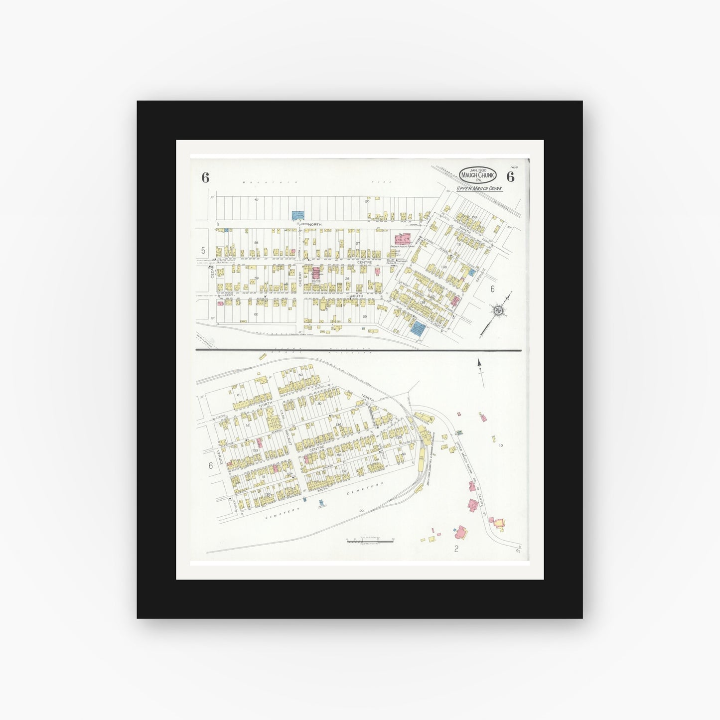 Old map wall art mockup — black gallery frame with white mat — Sanborn Fire Insurance Map from Mauch Chunk, Carbon County, Pennsylvania (1930), Sheet #0006