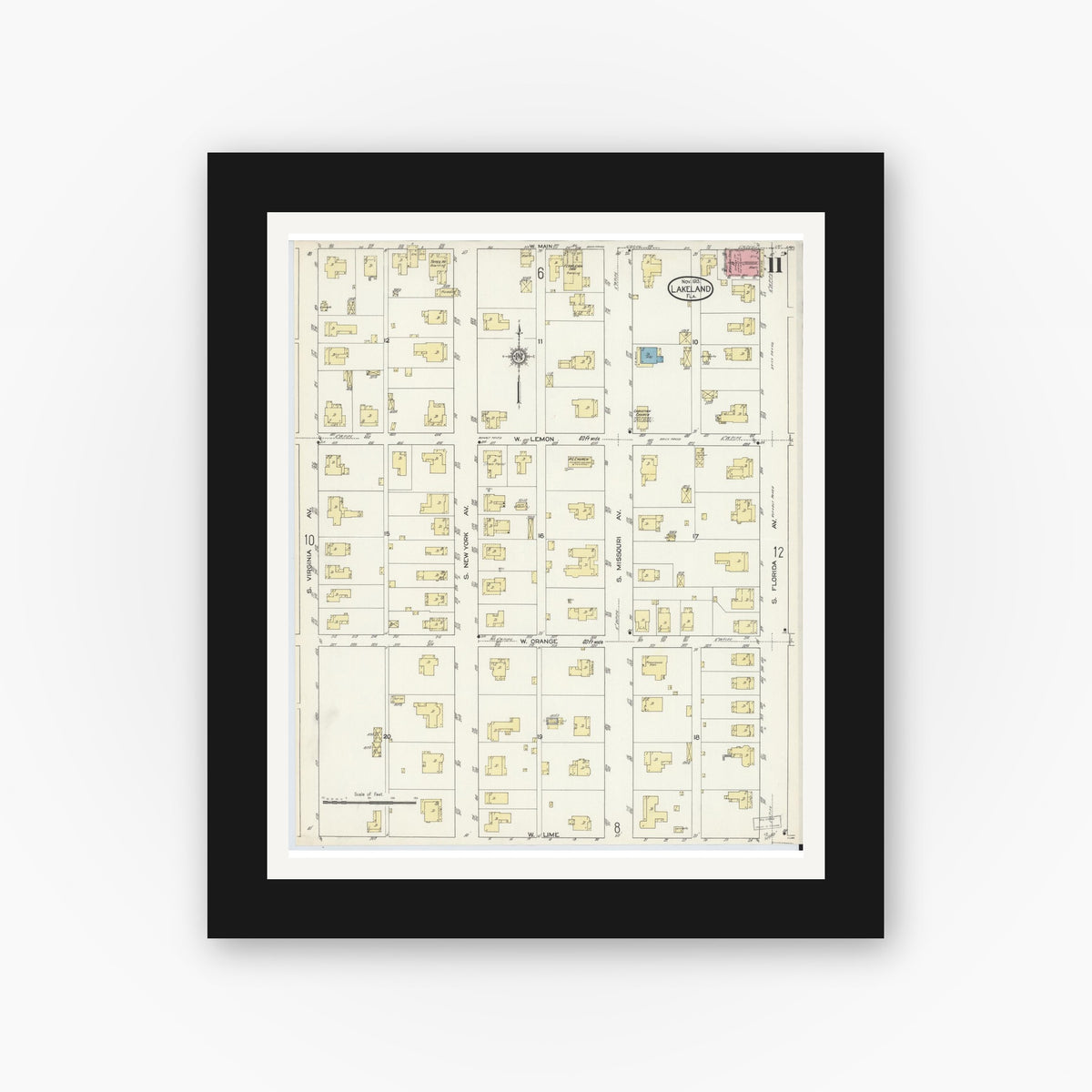 Old map wall art mockup — black gallery frame with white mat — Sanborn Fire Insurance Map from Lakeland, Polk County, Florida (1913), Sheet #0011