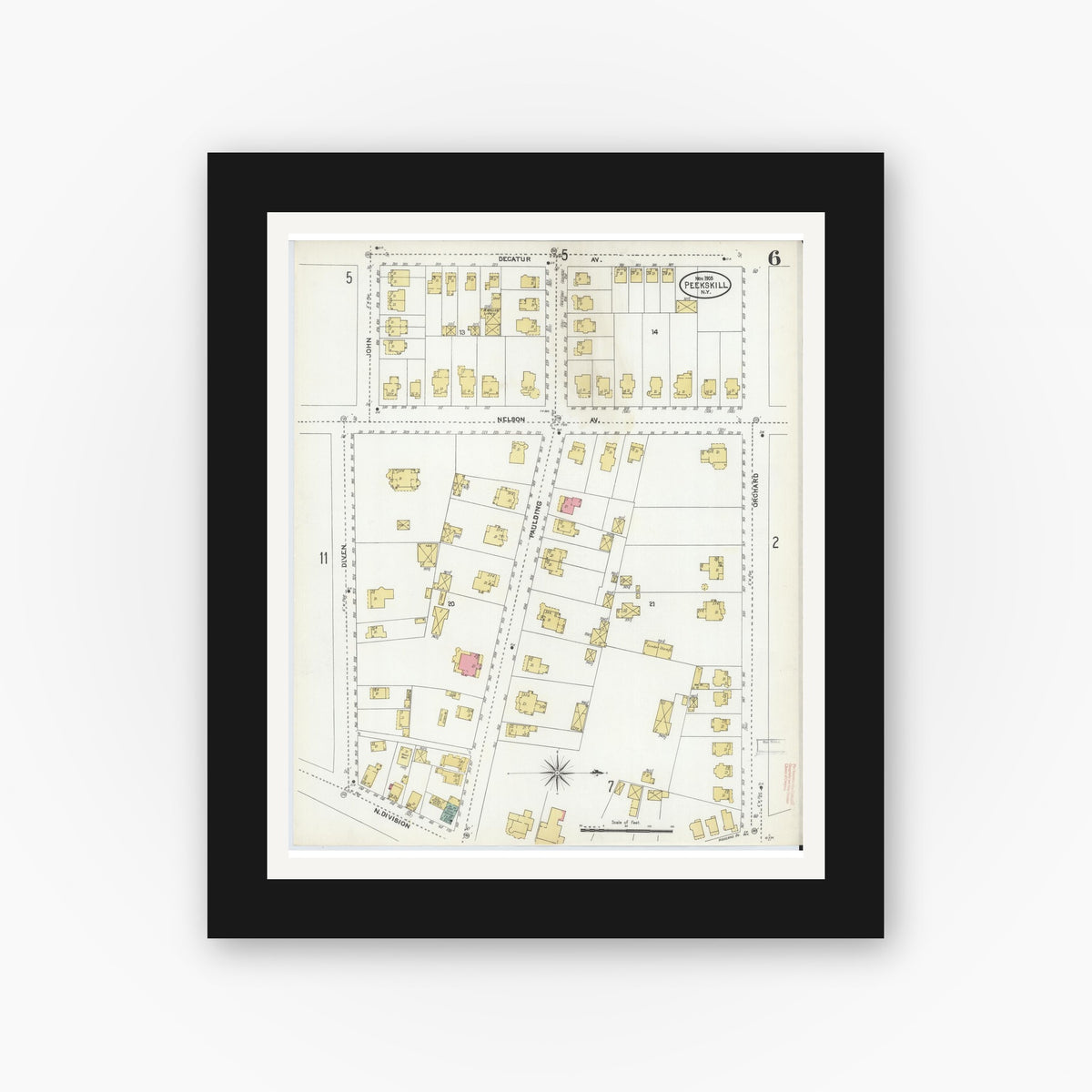 Old map wall art mockup — black gallery frame with white mat — Sanborn Fire Insurance Map from Peekskill, Westchester County, New York (1905), Sheet #0006