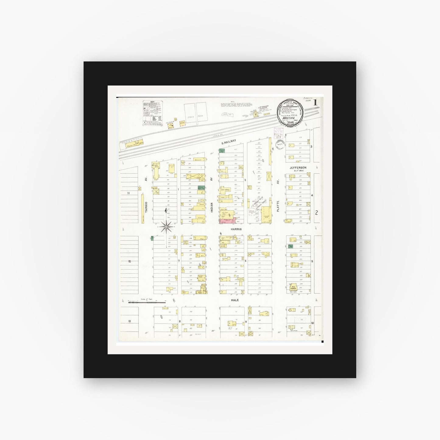 Old map wall art mockup — black gallery frame with white mat — Sanborn Fire Insurance Map from Hastings, Mills County, Iowa (1901) — Complete Set