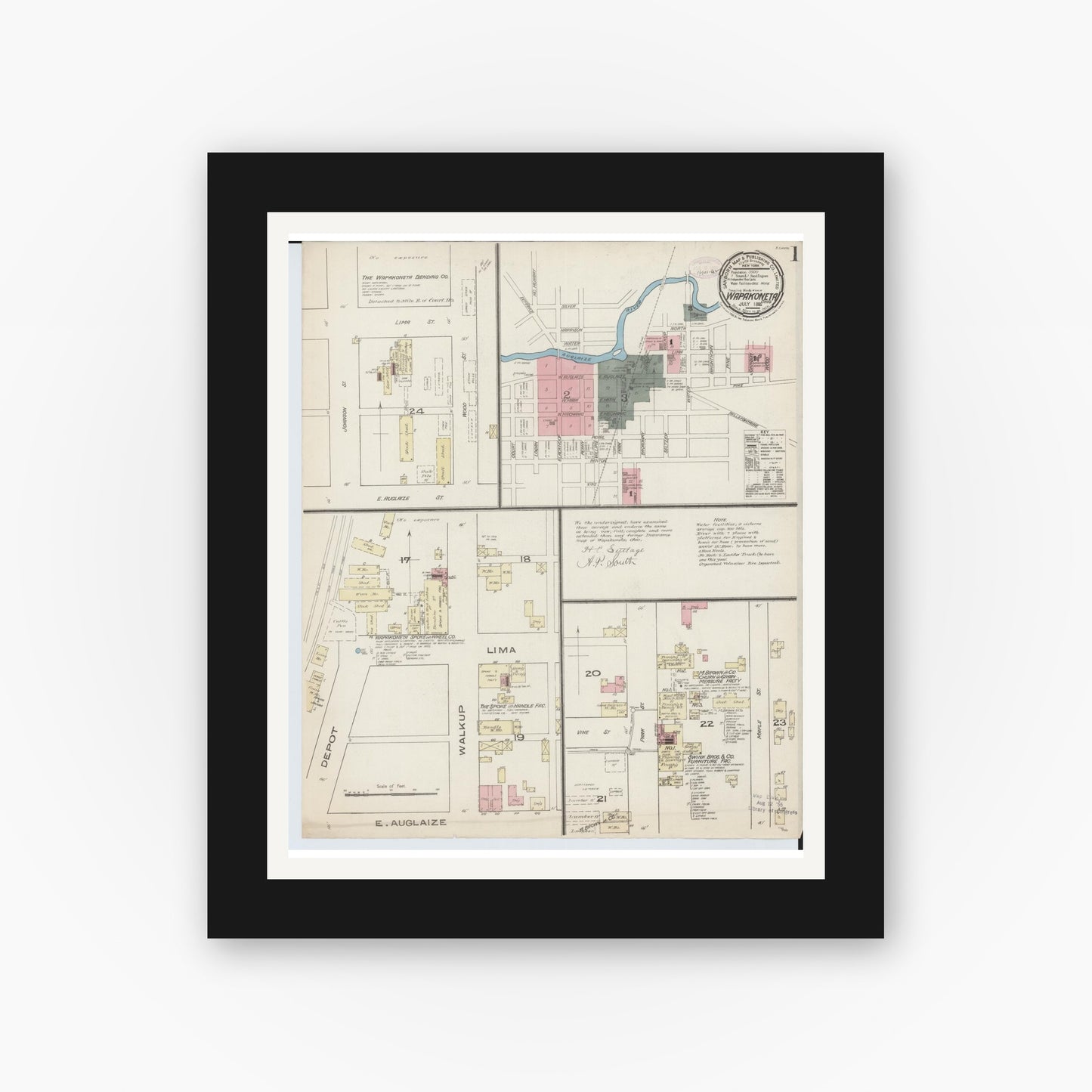Old map wall art mockup β black gallery frame with white mat β Sanborn Fire Insurance Map from Wapakoneta, Auglaize County, Ohio (1885) - Complete Map Set