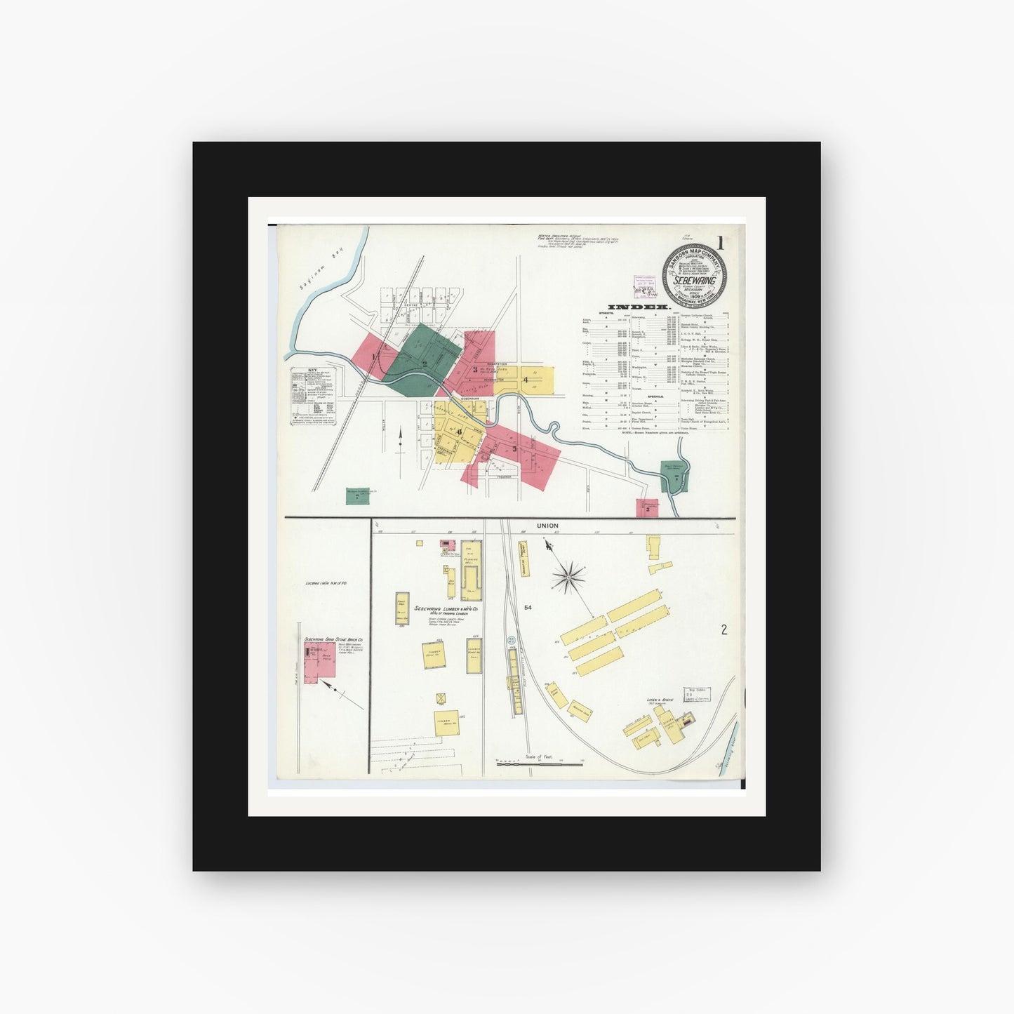 Old map wall art mockup — black gallery frame with white mat — Sanborn Fire Insurance Map from Sebewaing, Huron County, Michigan (1909) - Complete Map Set