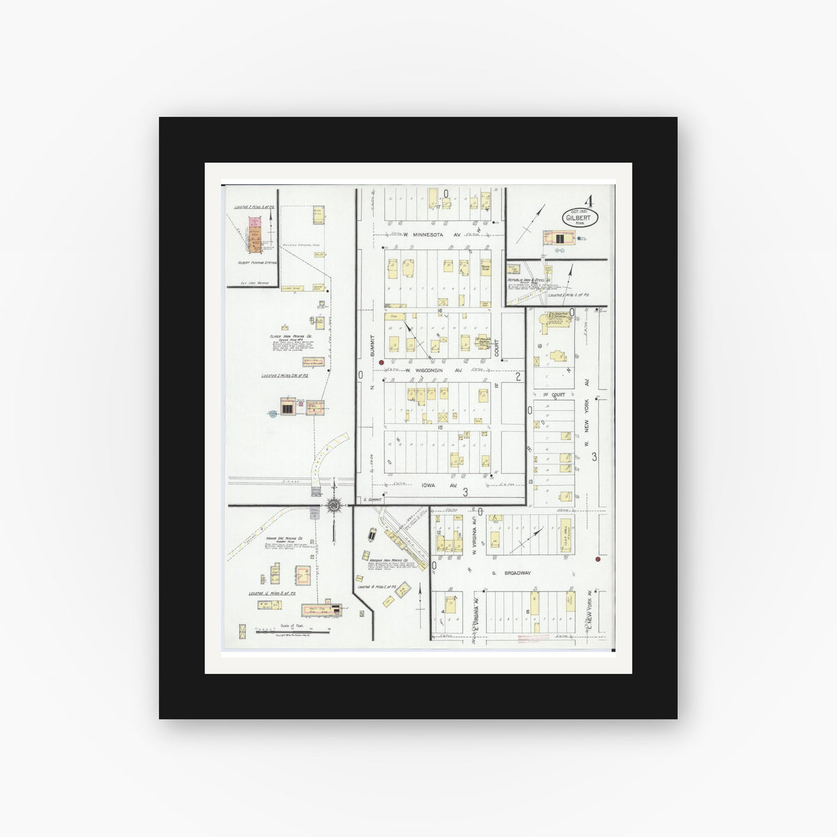 Old map wall art mockup — black gallery frame with white mat — Sanborn Fire Insurance Map from Gilbert, Saint Louis County, Minnesota (1921), Sheet #0004
